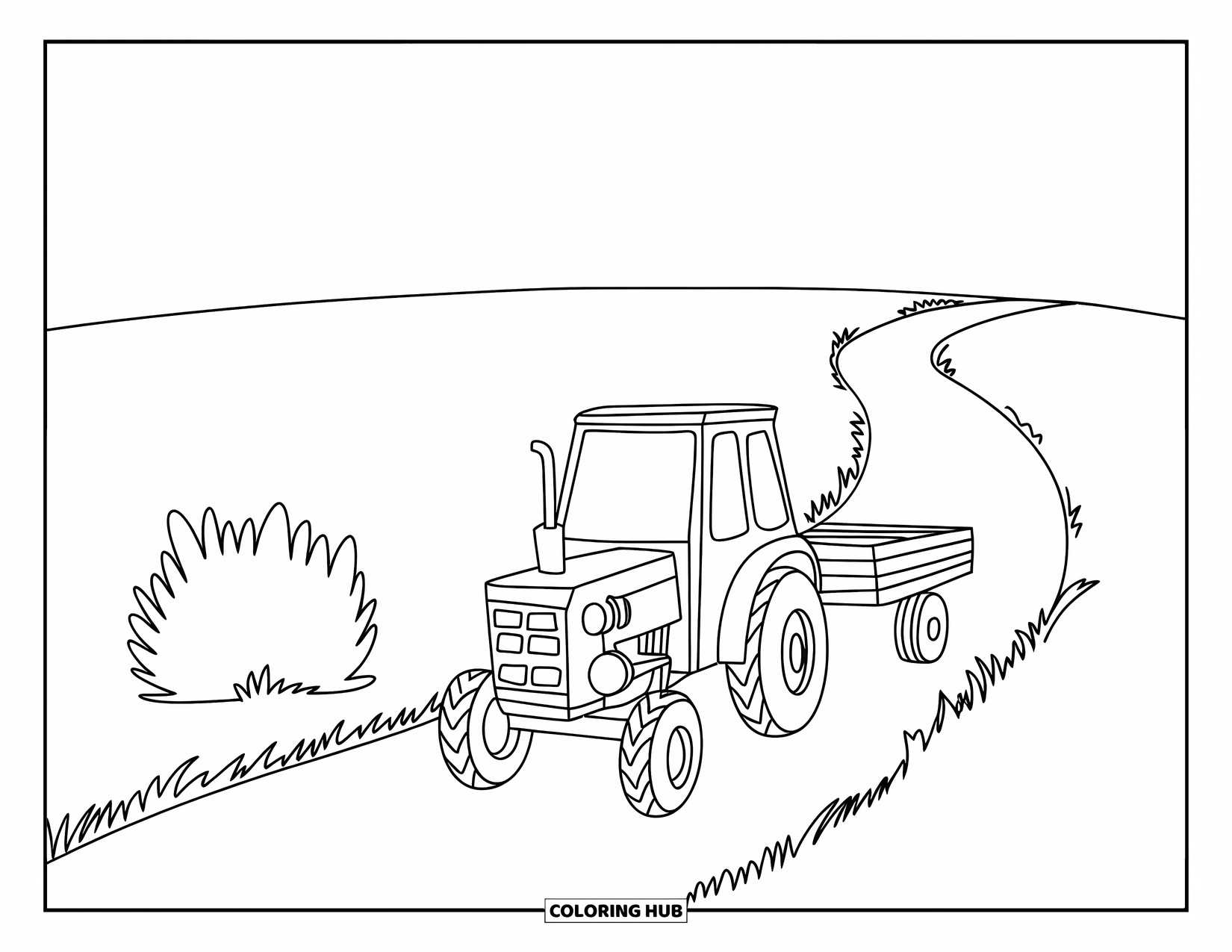 Dibujo de tractor para colorear para niños: Un tractor simple conduce por un camino sinuoso con un pequeño arbusto cerca