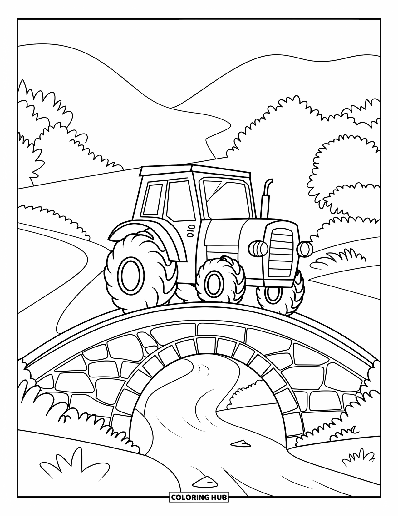 Dibujo de tractor para colorear para niños: Un pequeño tractor cruza un puente de piedra con un río que fluye y colinas detrás