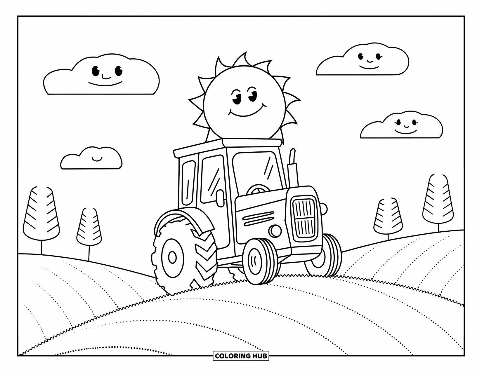 Dibujo de tractor para colorear para niños: Un tractor sonriente sube una colina con nubes felices y colinas onduladas detrás