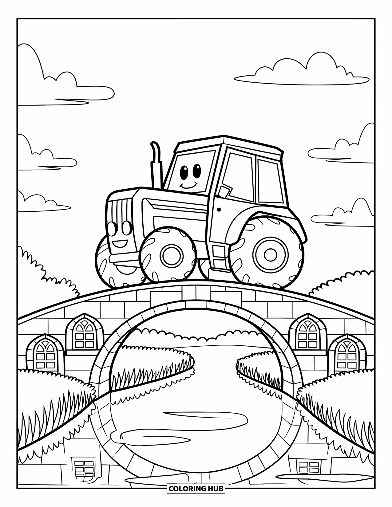 Dibujo de tractor para colorear para niños: Un tractor sonriente cruza un puente de piedra sobre un río tranquilo con nubes arriba