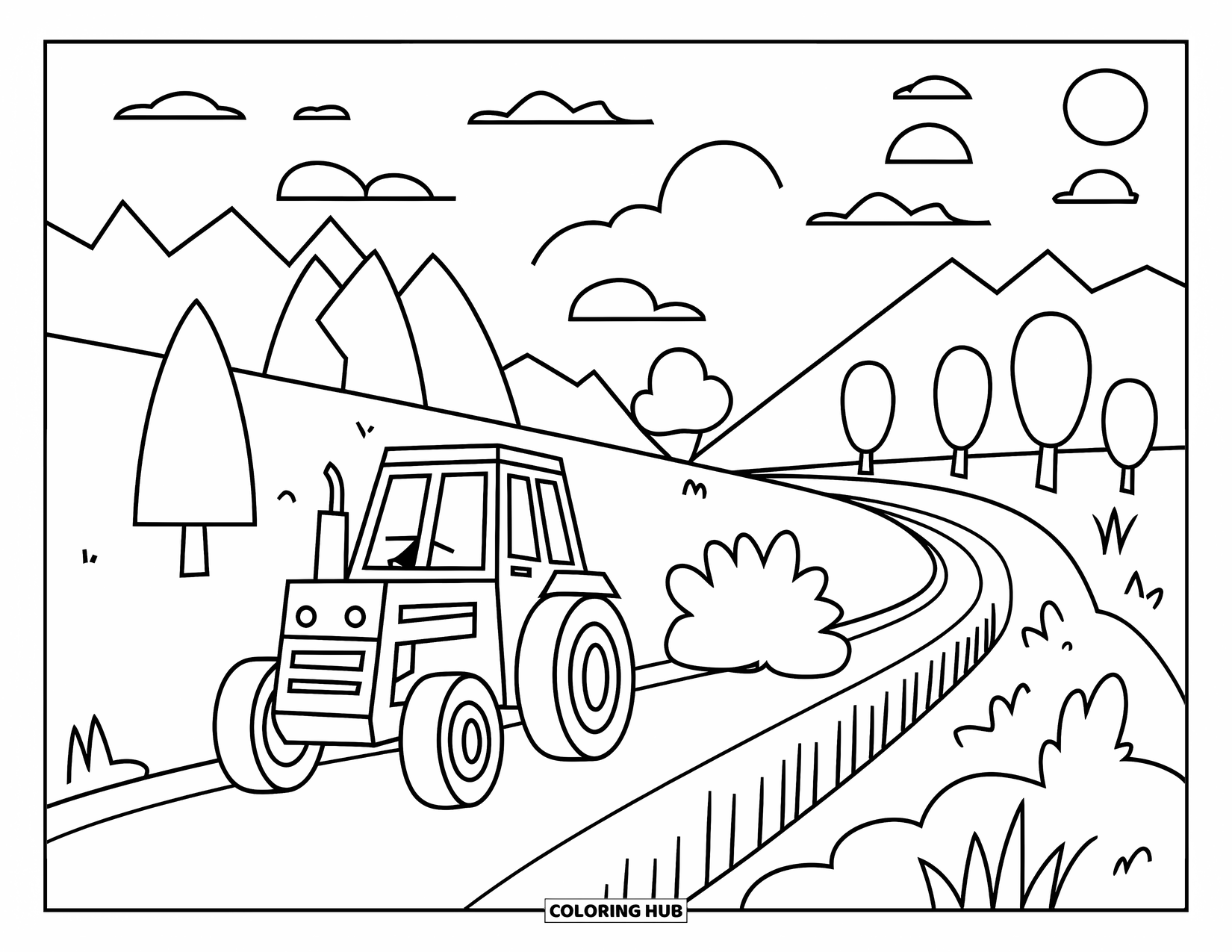 Dibujo de tractor para colorear para niños: Un tractor sonriente conduce por un camino sinuoso bordeado de árboles y montañas detrás