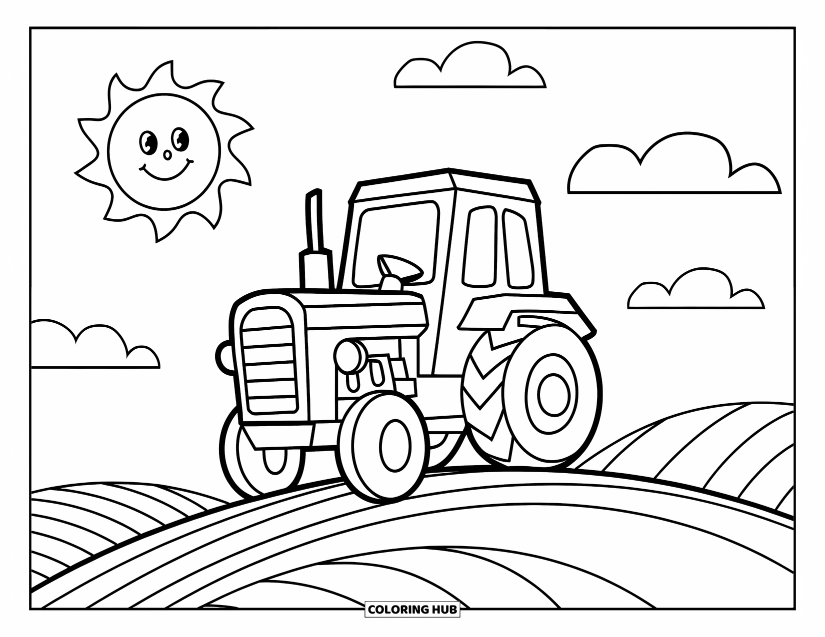 Dibujo de tractor para colorear para niños: Un tractor sonriente sube una colina con un sol alegre y nubes arriba