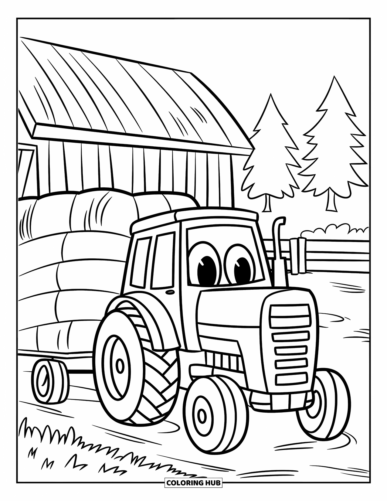 Dibujo de tractor para colorear para niños: Un tractor sonriente está estacionado junto a un granero con balas de heno apiladas y una cerca