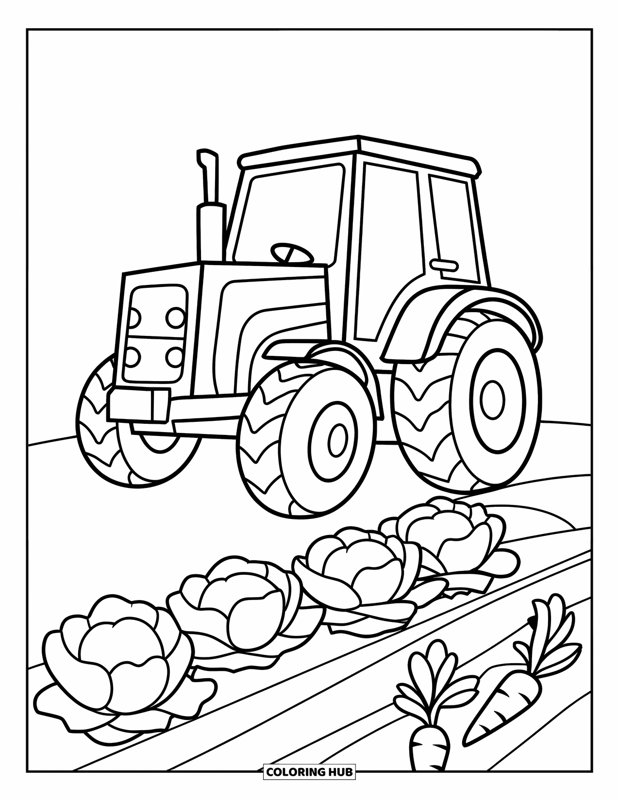 Dibujo de tractor para colorear para niños: Un tractor sonriente se encuentra cerca de un huerto con repollos y zanahorias