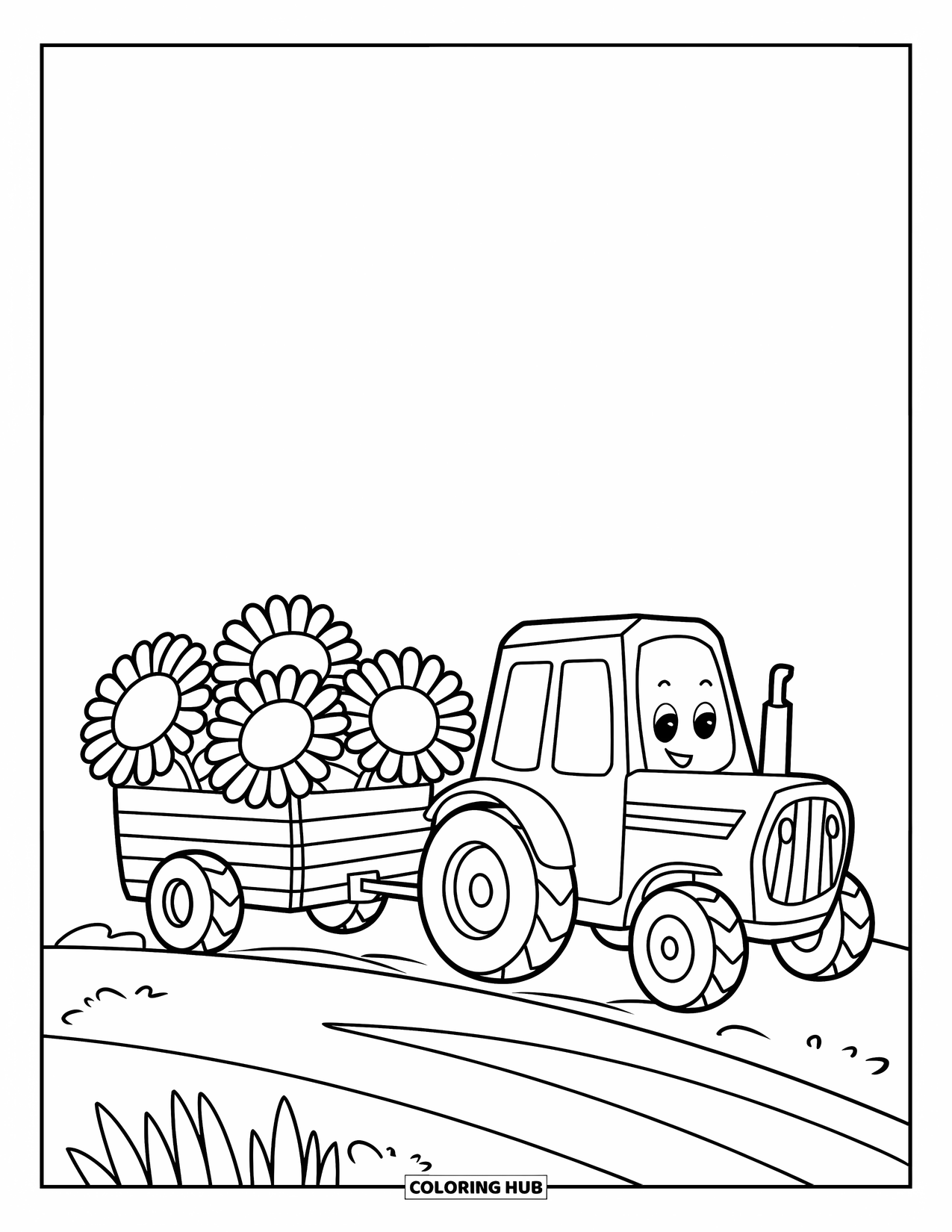 Dibujo de tractor para colorear para niños: Un tractor sonriente remolca un remolque lleno de girasoles sobre un camino de tierra en espacio abierto