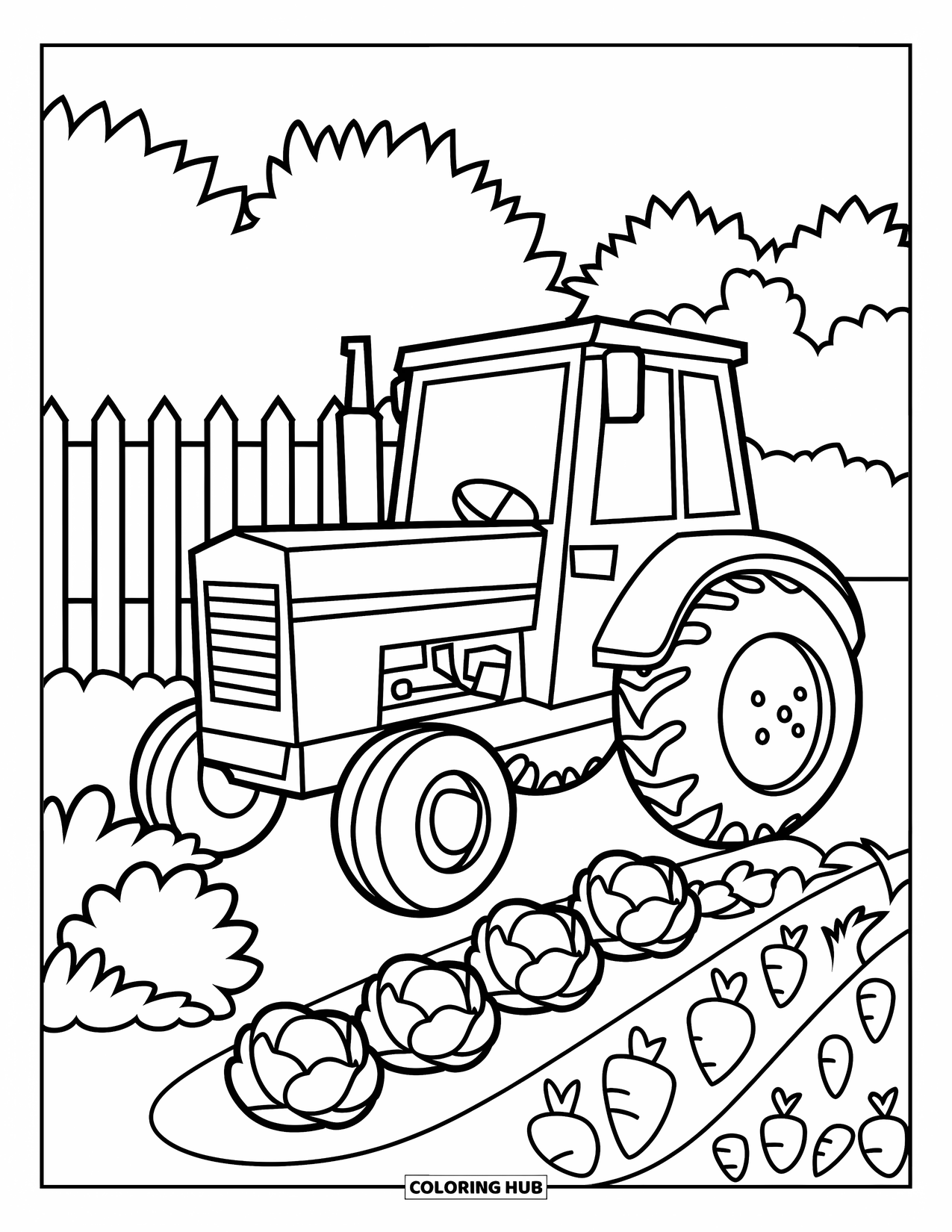 Dibujo de tractor para colorear para niños: Un tractor sonriente con una pequeña cabina descansa cerca de un jardín cercado con árboles detrás