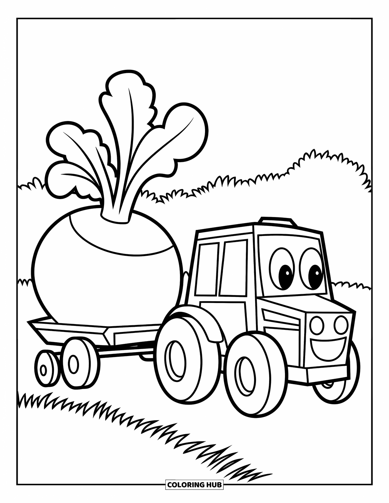 Dibujo de tractor para colorear para niños: Un tractor sonriente con ruedas grandes transporta un nabo en un carro