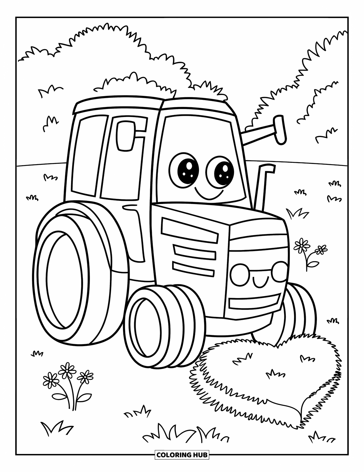 Dibujo de tractor para colorear para niños: Un tractor sonriente con ventanas redondas está estacionado junto a heno con forma de corazón y flores