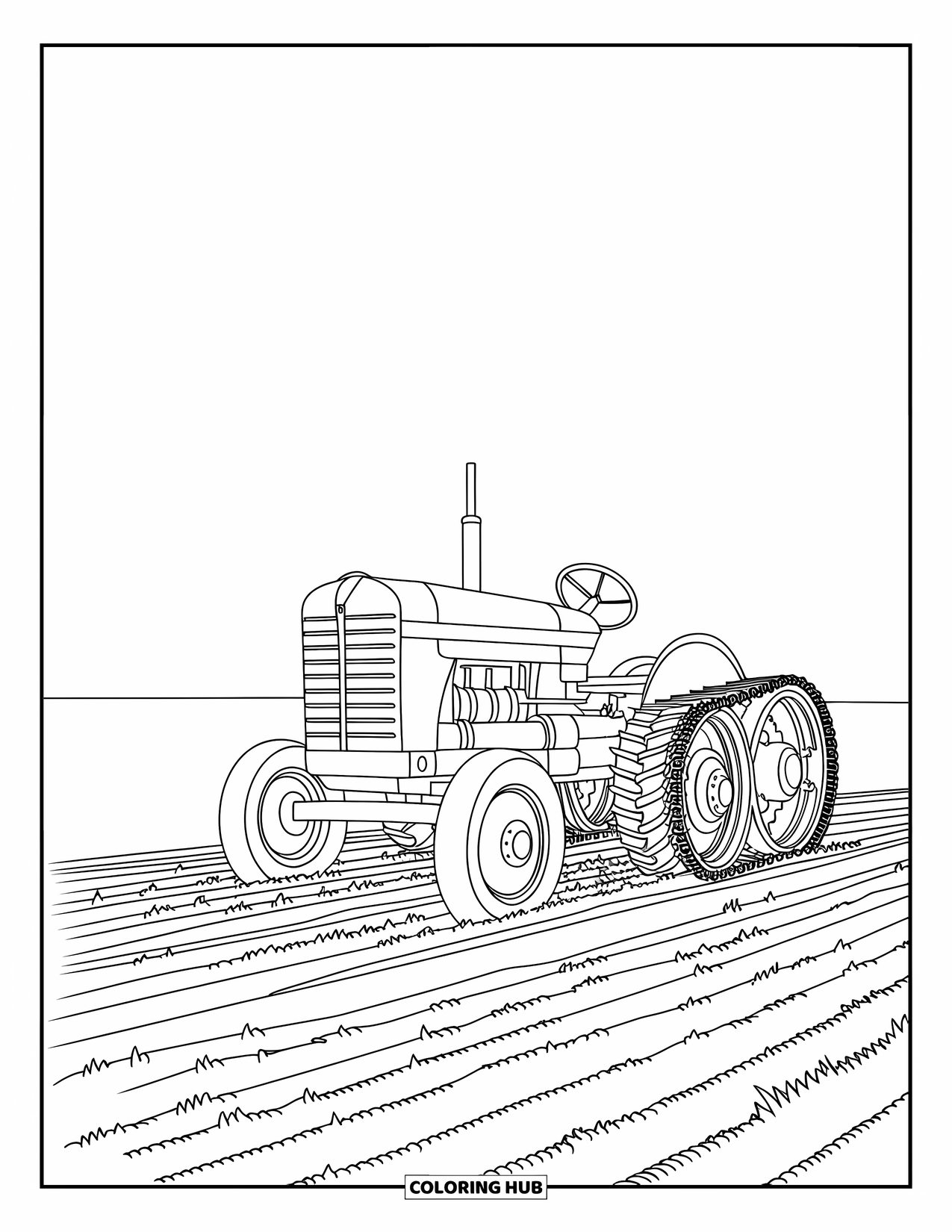 Dibujo de tractor para colorear para niños: Un tractor alto con ruedas anchas se encuentra en un campo plano recién labrado