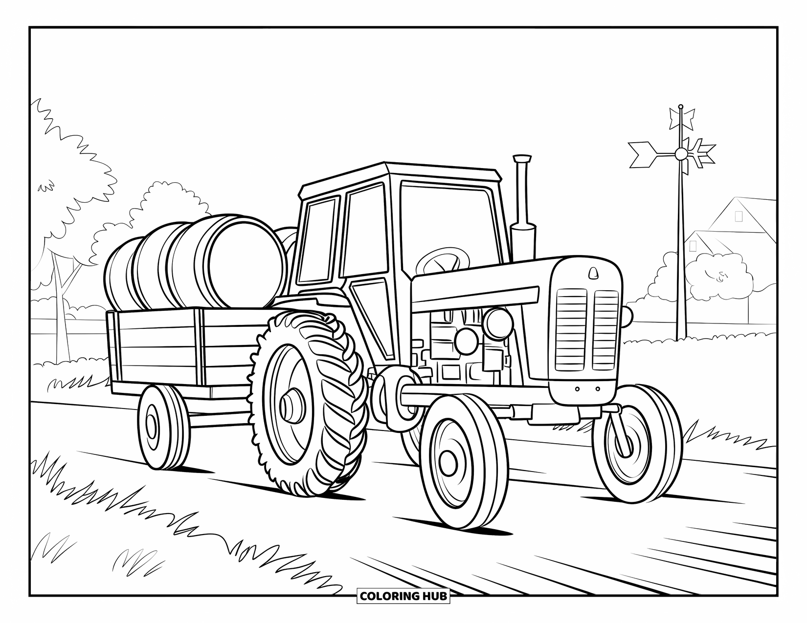 Dibujo de tractor para colorear para niños: Un tractor transporta barriles en un camino de tierra con árboles y un granero cerca