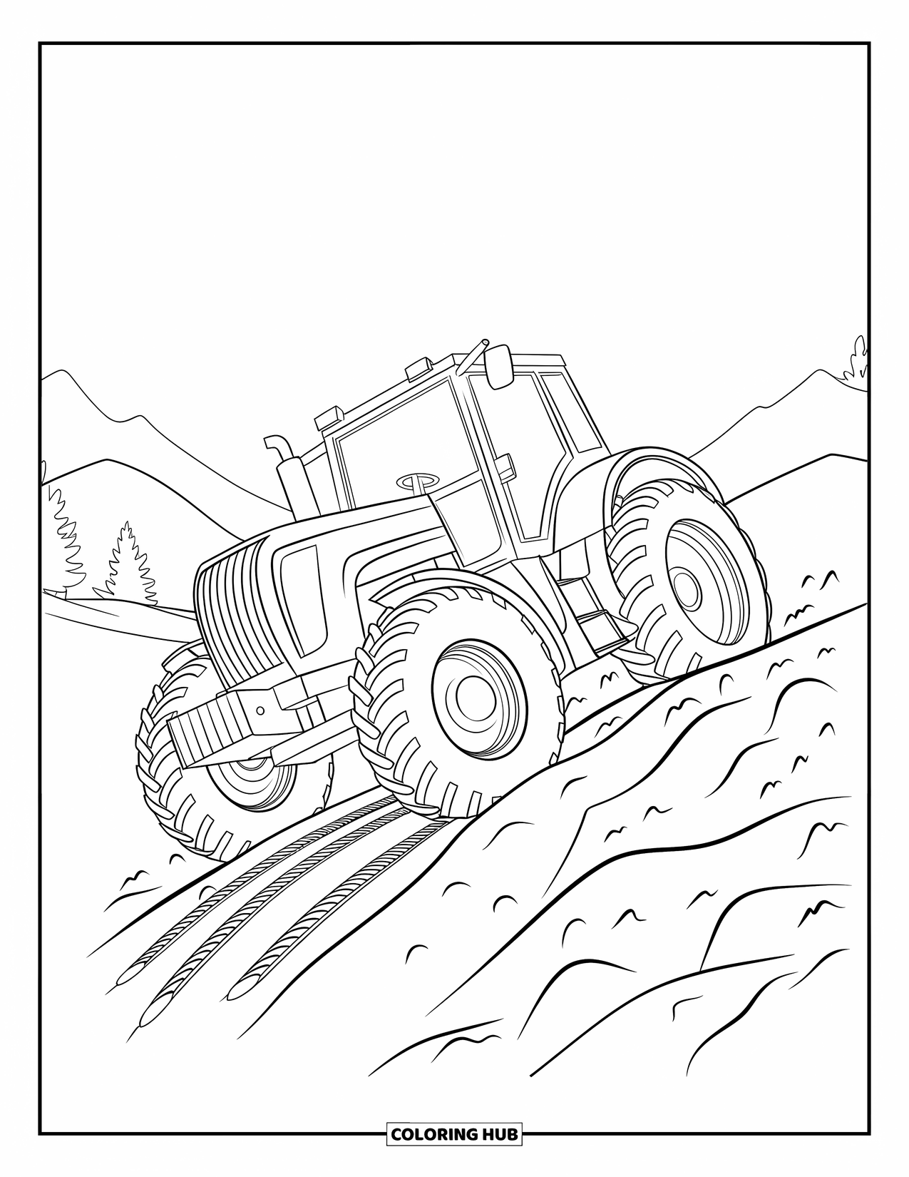 Dibujo de tractor para colorear para niños: Un tractor sube una colina rocosa con marcas de tierra y huellas de ruedas visibles