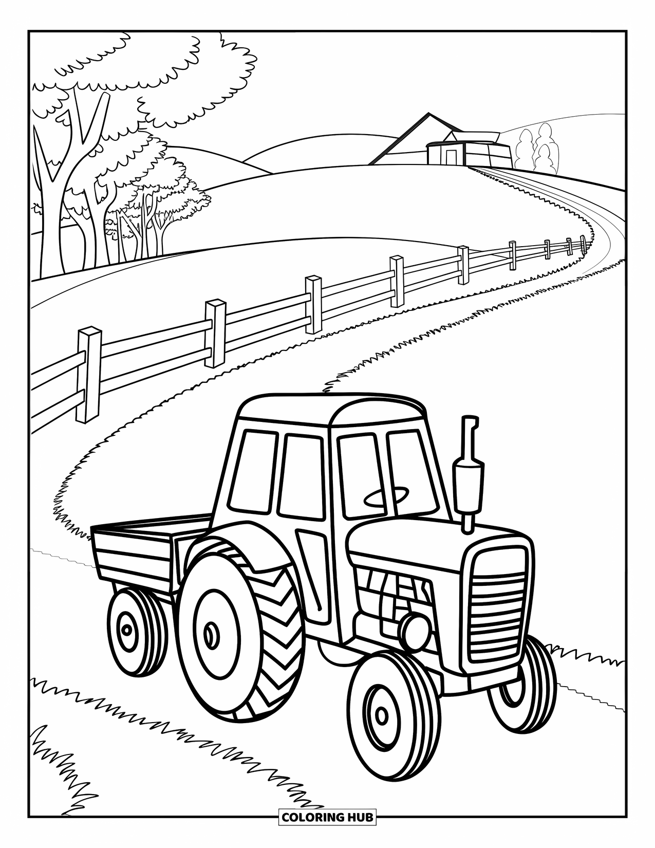 Dibujo de tractor para colorear para niños: Un tractor conduce por un camino de granja con una cerca, árboles y colinas adelante
