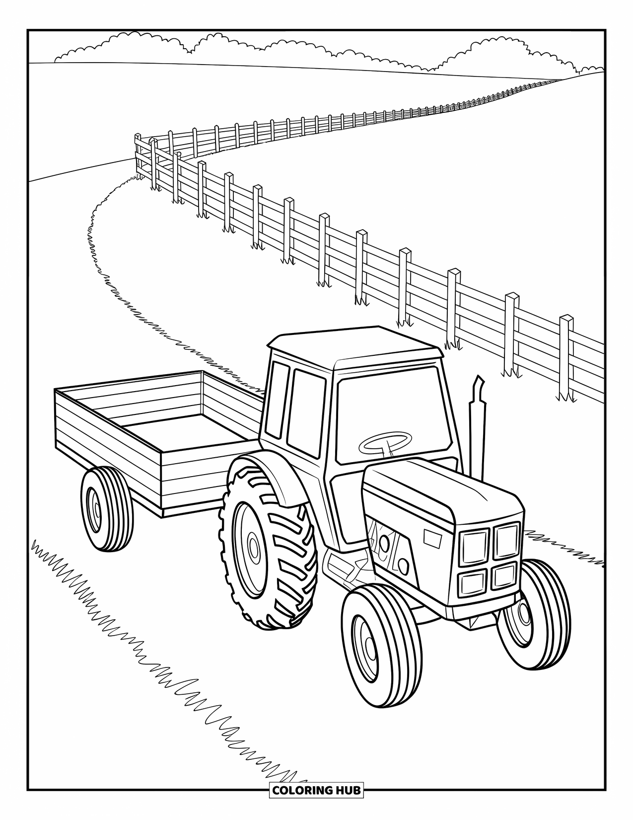 Dibujo de tractor para colorear para niños: Un tractor conduce por un camino de granja con una cerca que corre a lo largo