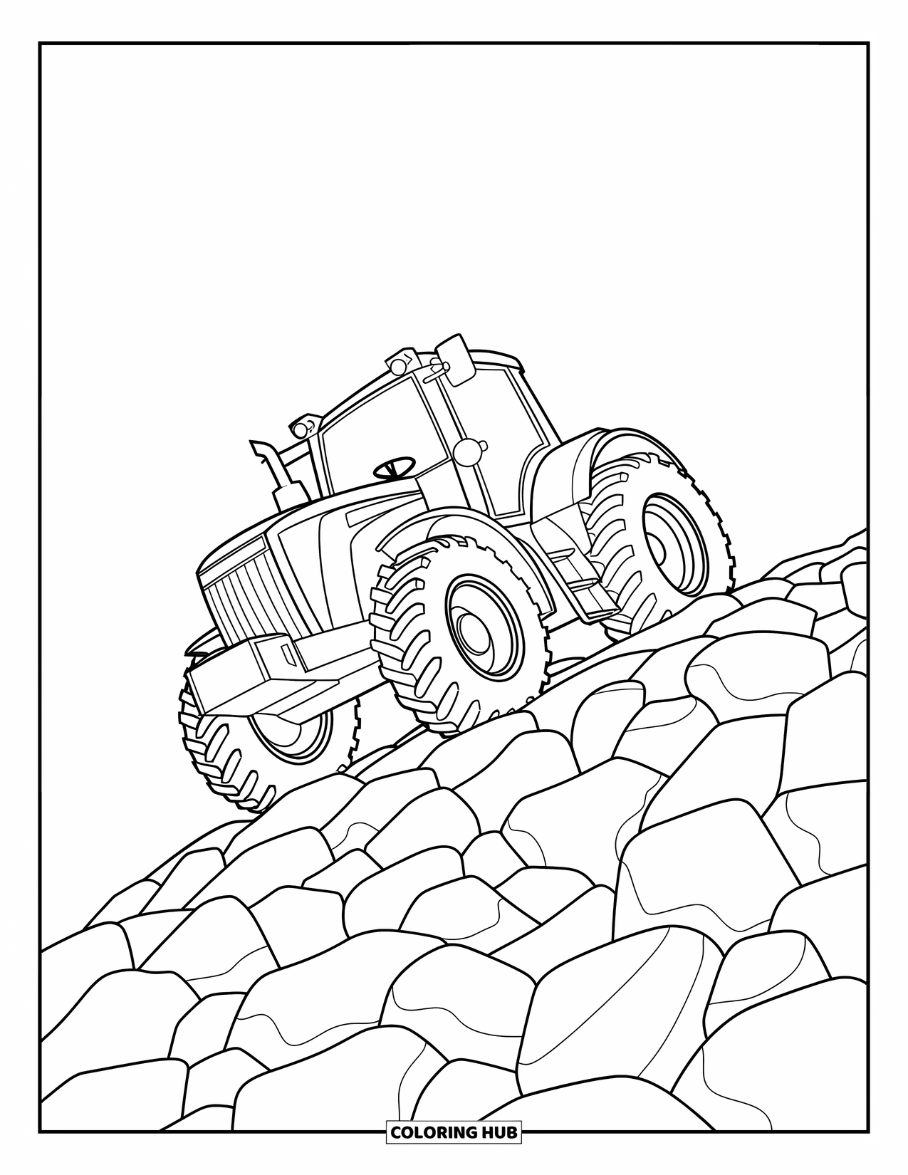 Dibujo de tractor para colorear para niños: Un tractor sube una colina rocosa con huellas detalladas y terreno accidentado