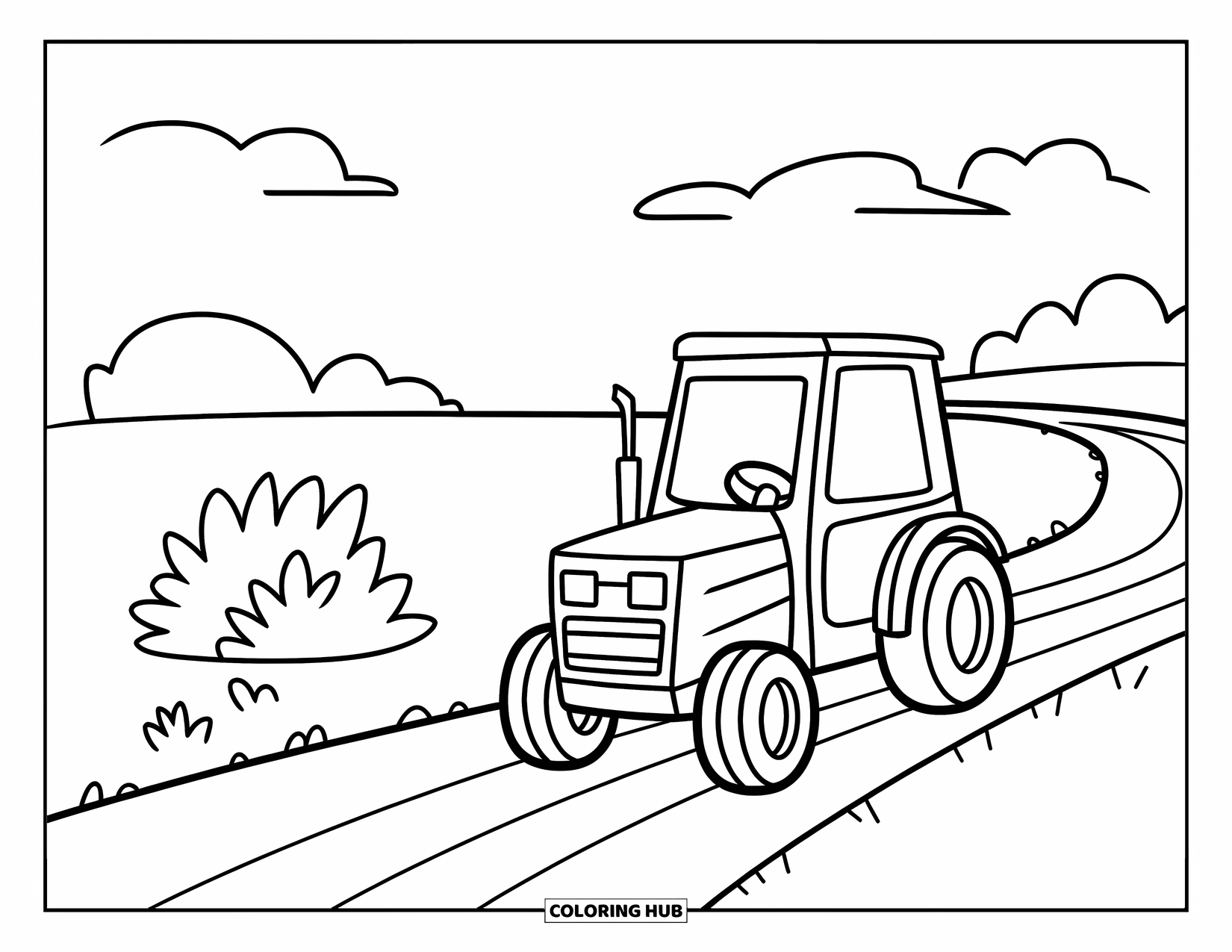 Dibujo de tractor para colorear para niños: Un tractor sigue un camino sinuoso con un arbusto y nubes en el cielo