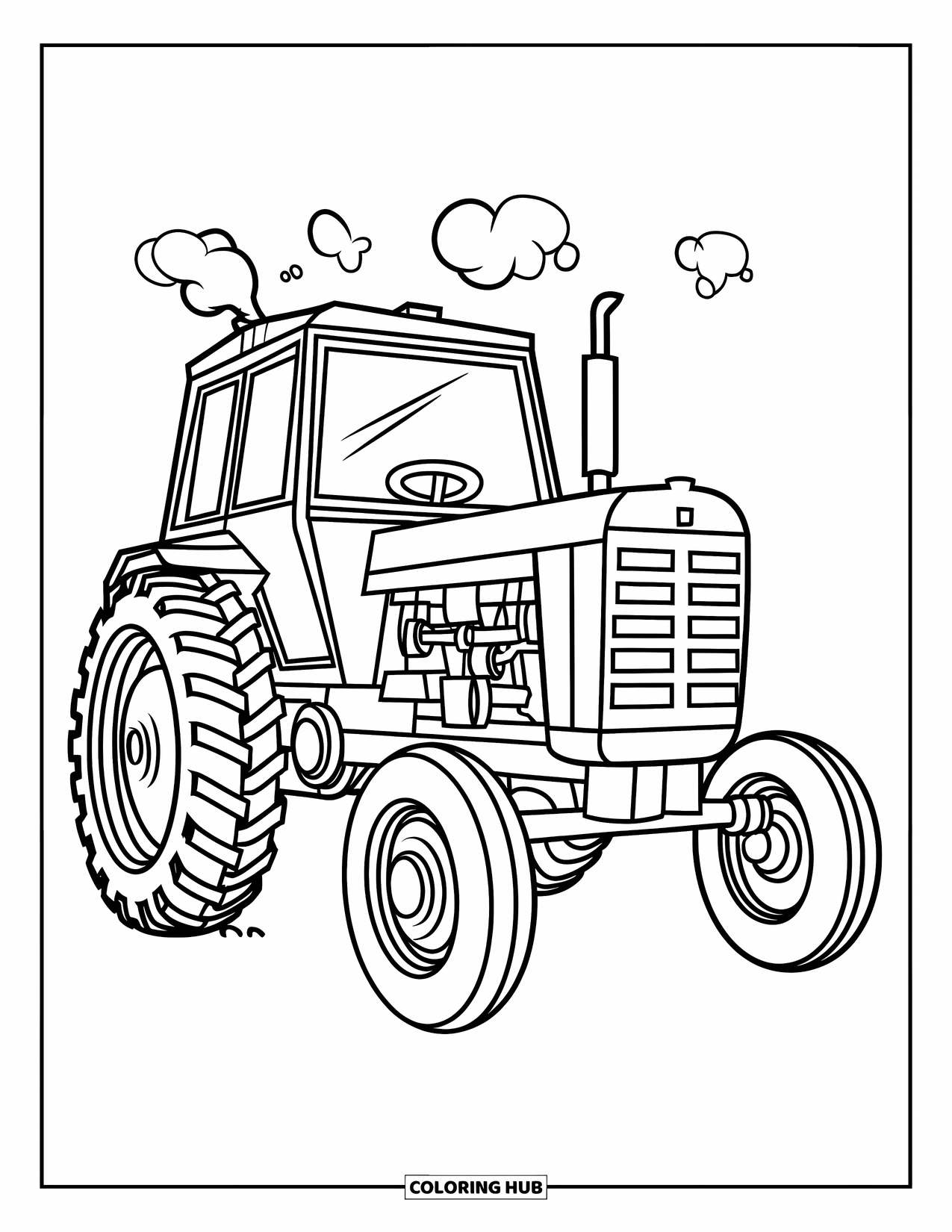 Dibujo de tractor para colorear para niños: Un tractor desde la vista lateral muestra su motor con humo elevándose por encima