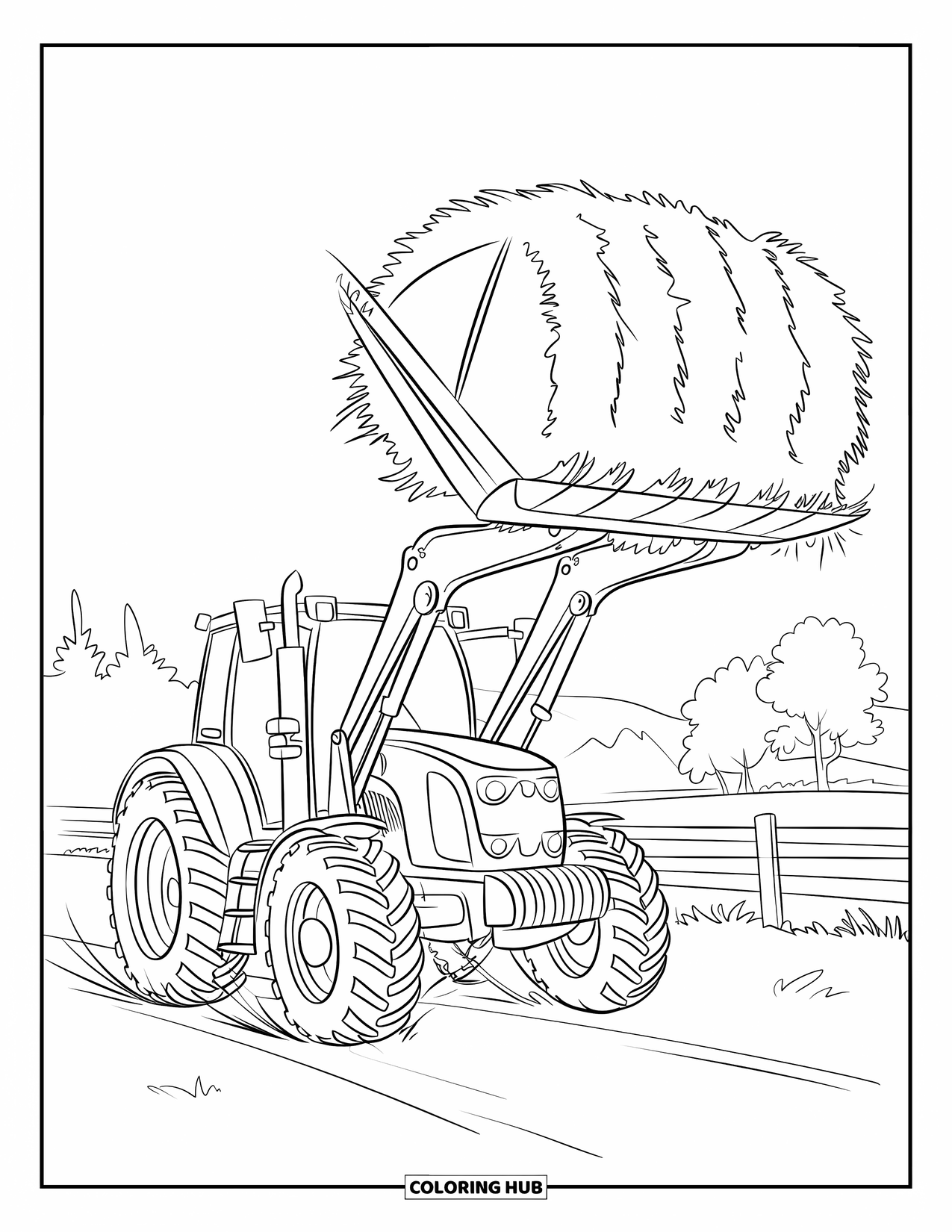 Dibujo de tractor para colorear para niños: Un tractor levanta heno en alto con un cargador frontal cerca de árboles y una cerca