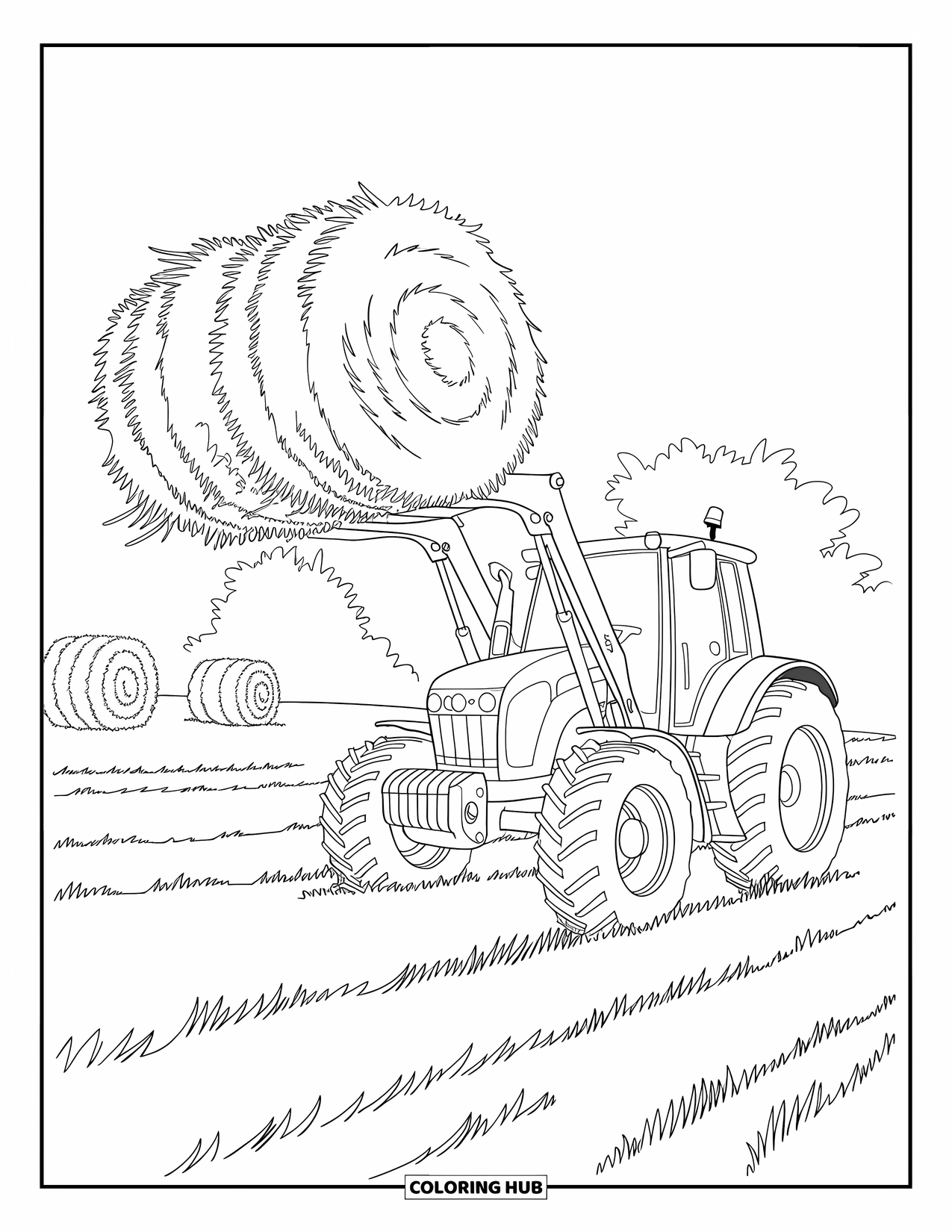 Dibujo de tractor para colorear para niños: Un tractor levanta heno con un cargador frontal en un campo con balas de heno alrededor