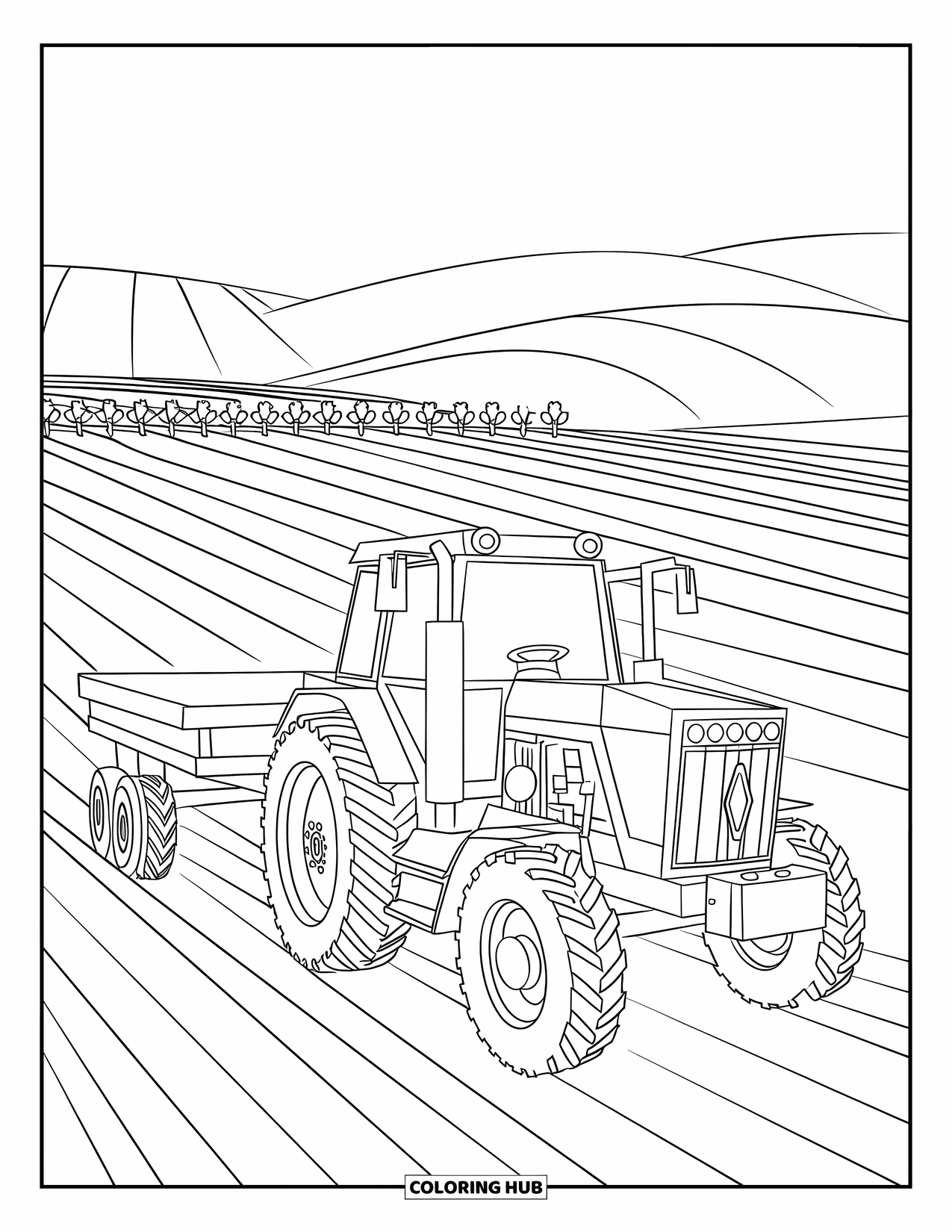 Dibujo de tractor para colorear para niños: Un tractor ara un campo con hileras de cultivos y colinas en la distancia