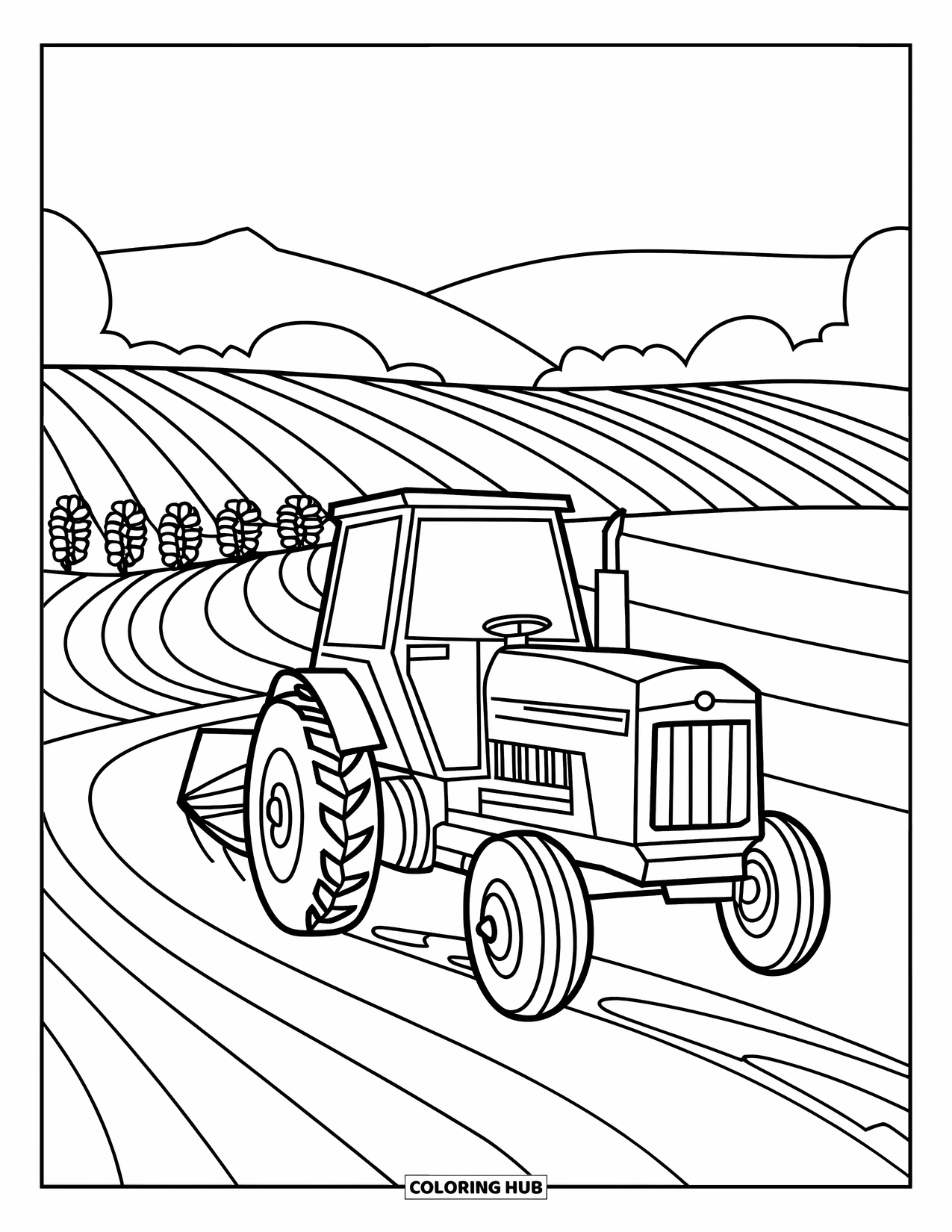 Dibujo de tractor para colorear para niños: Un tractor ara un campo con líneas curvas y colinas al fondo