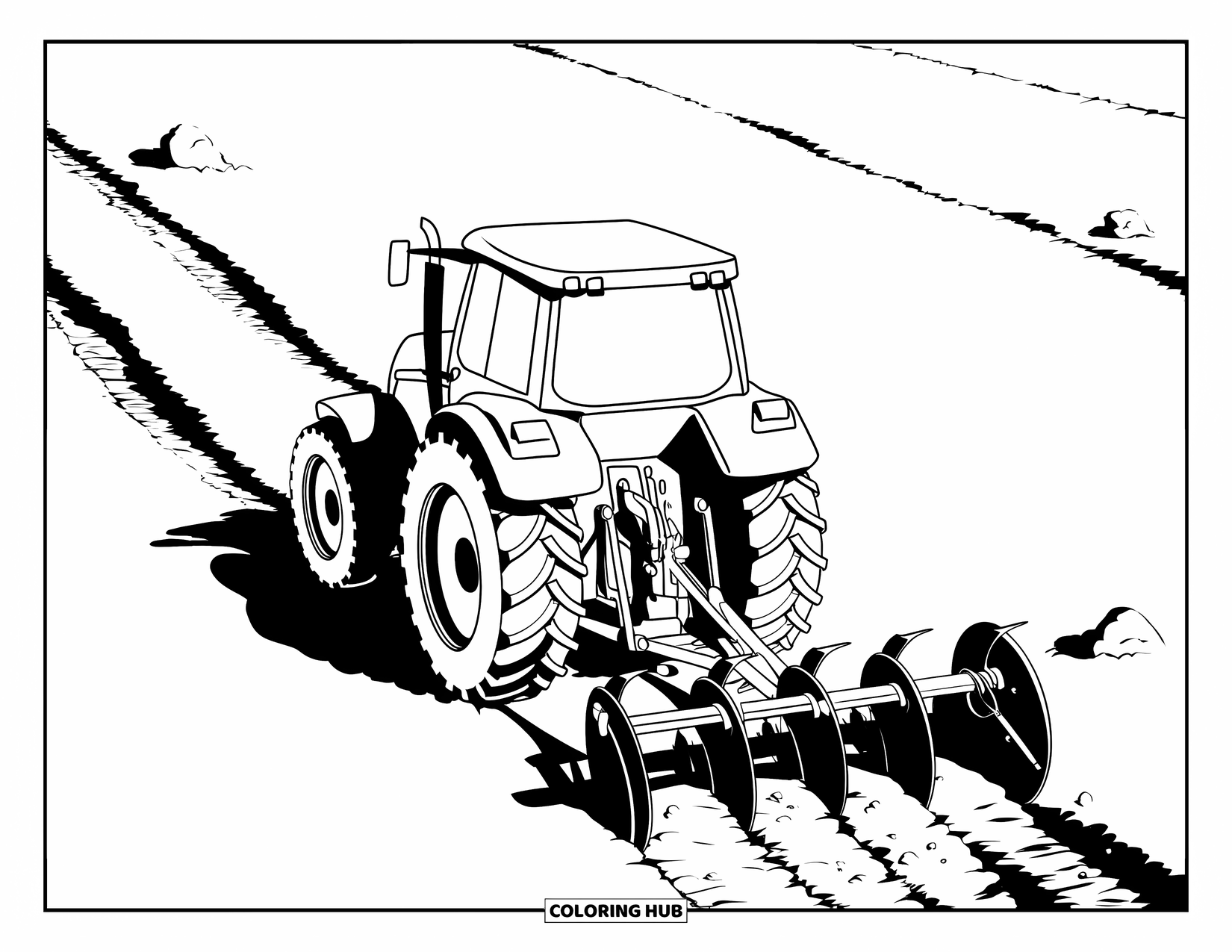 Dibujo de tractor para colorear para niños: Un tractor ara suelo áspero con huellas de neumáticos y rocas dispersas cerca