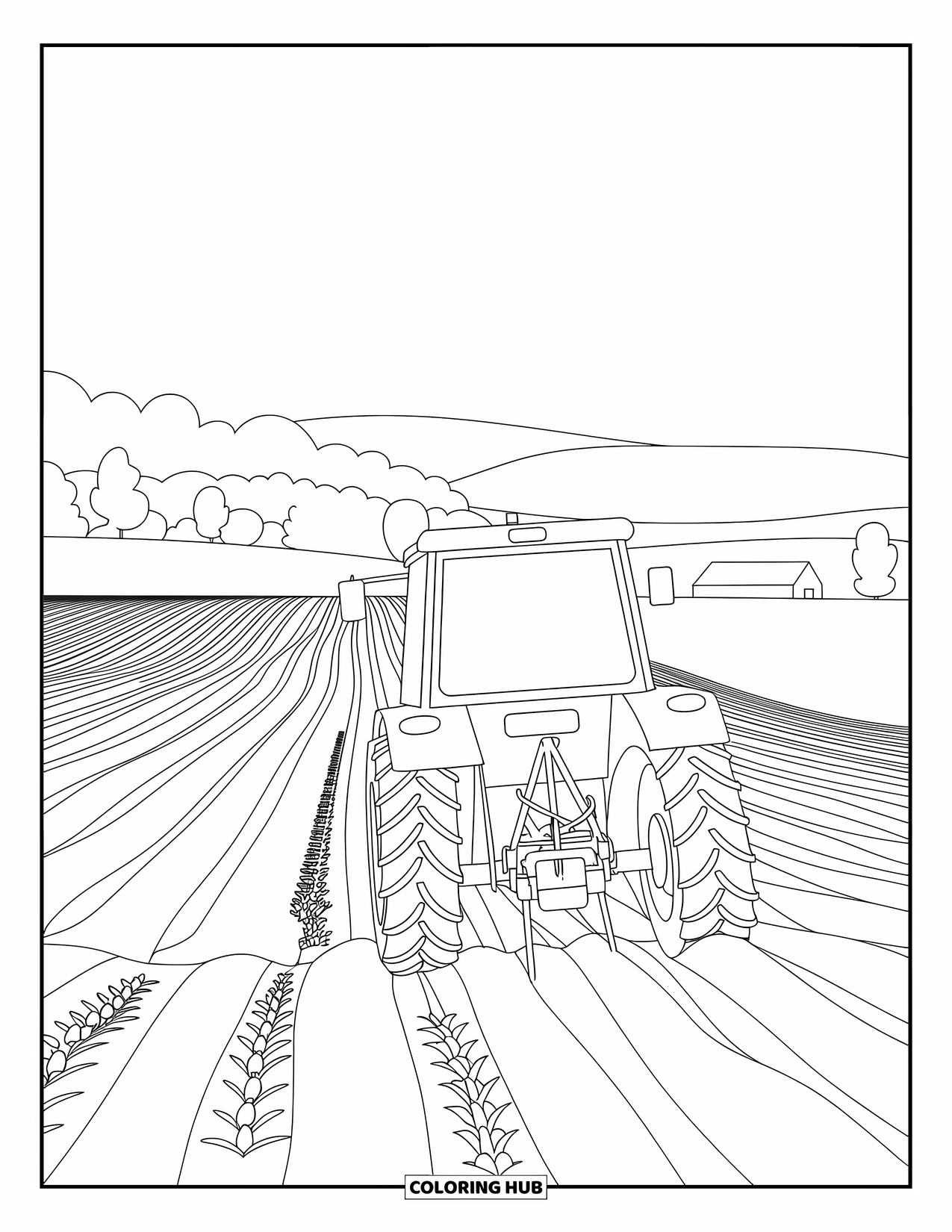 Dibujo de tractor para colorear para niños: Un tractor ara el suelo con huellas de ruedas visibles y filas de cultivos detrás
