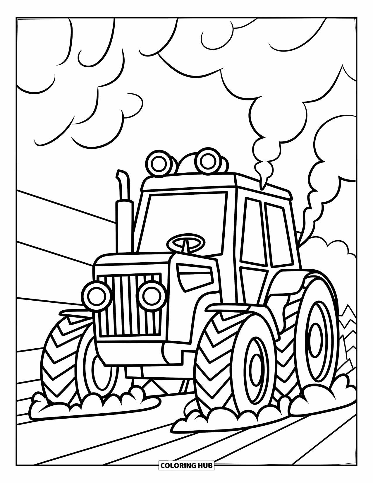 Dibujo de tractor para colorear para niños: Un tractor ara la nieve con vapor elevándose por encima