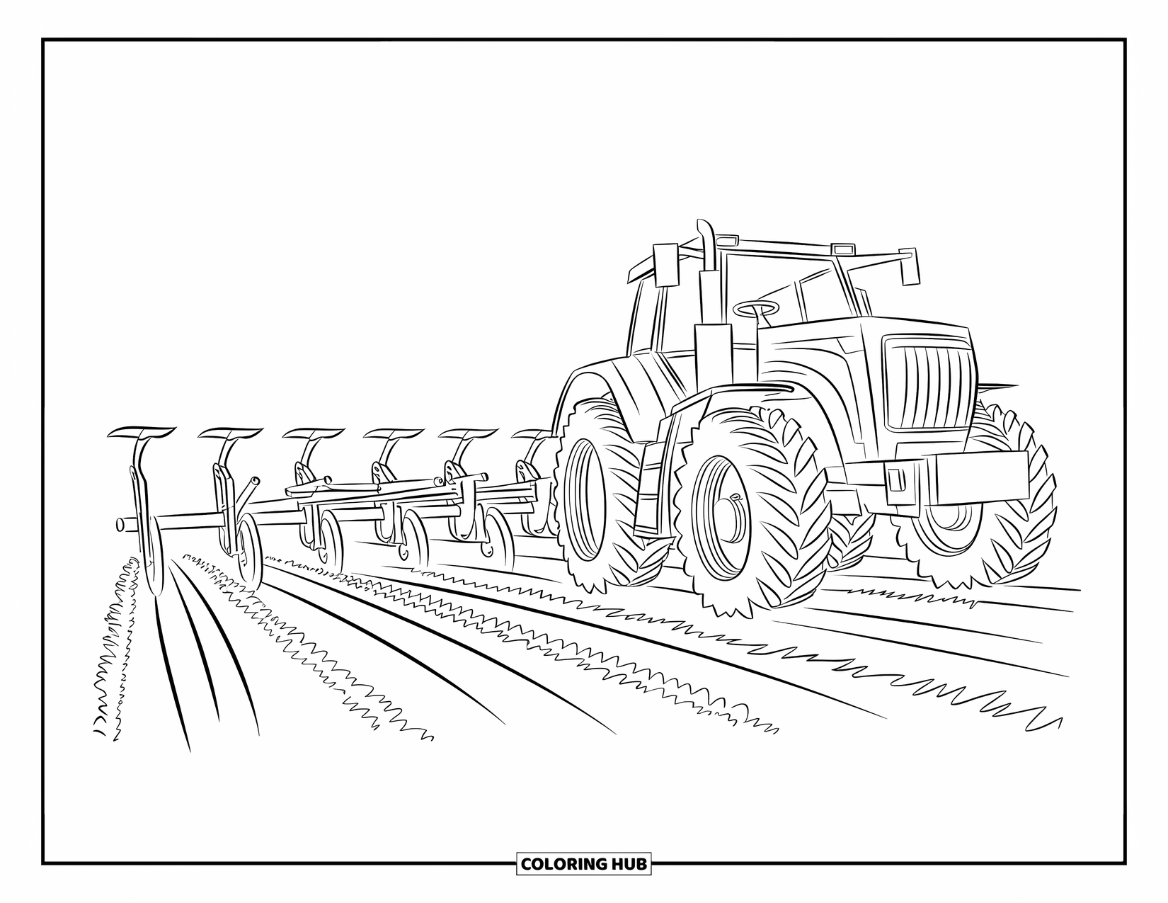 Dibujo de tractor para colorear para niños: Un tractor tira de un arado pesado a través de suelo áspero en un campo