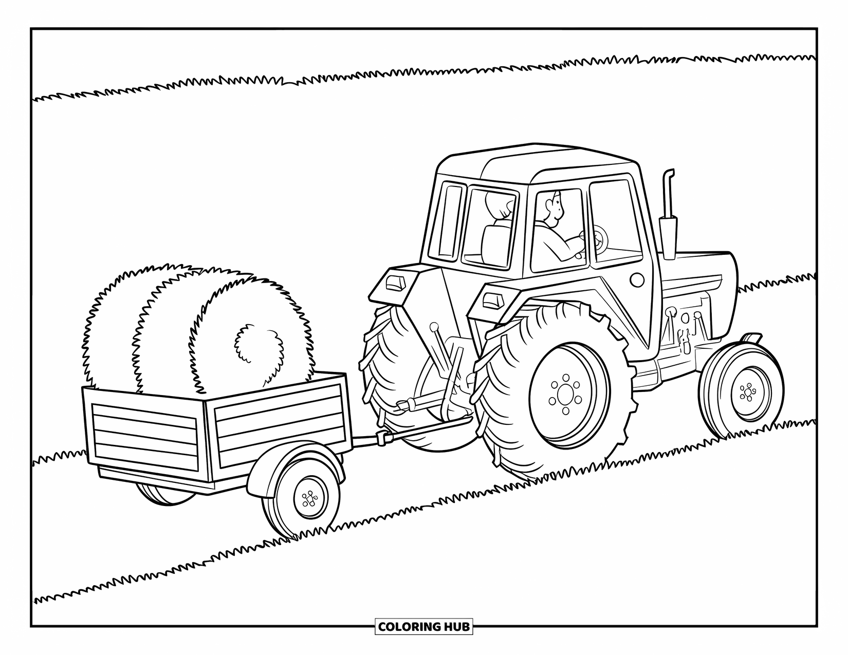 Dibujo de tractor para colorear para niños: Un tractor tira de un pequeño remolque con una bala de heno a través de un campo cubierto de hierba