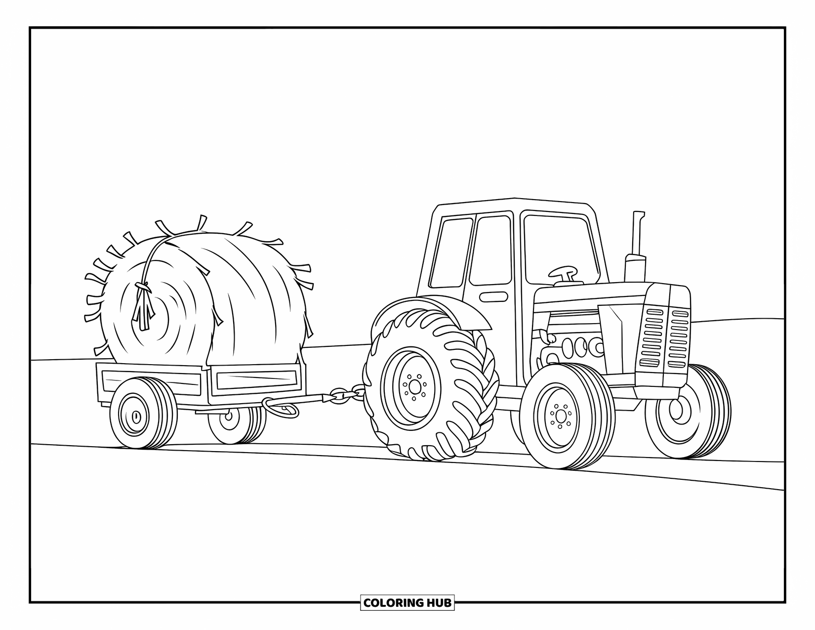 Dibujo de tractor para colorear para niños: Un tractor tira de un pequeño remolque con una bala de heno atada con una cuerda