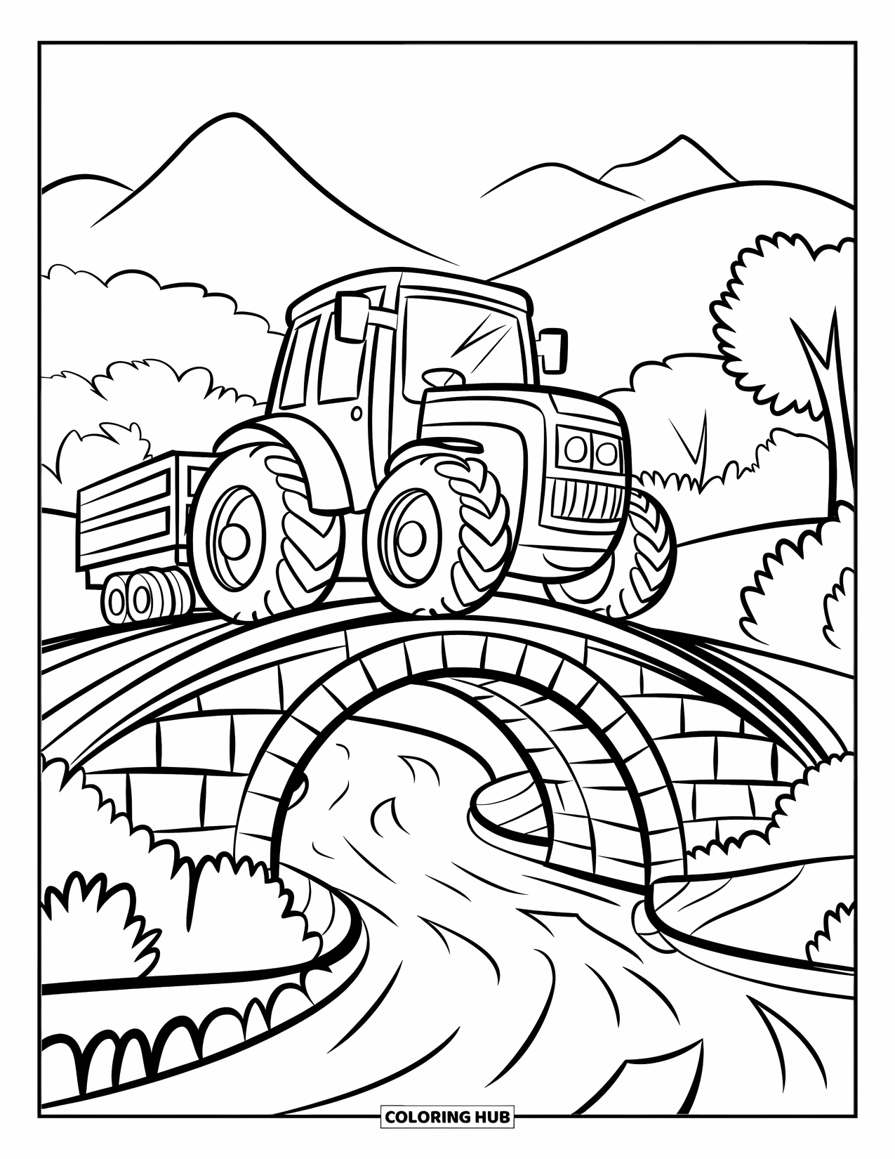 Dibujo de tractor para colorear para niños: Un tractor tira de un remolque sobre un puente de piedra con montañas y árboles alrededor