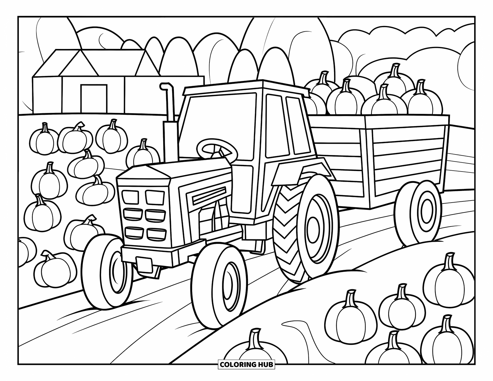Dibujo de tractor para colorear para niños: Un tractor tira de un remolque a través de un campo de calabazas con calabazas dispersas