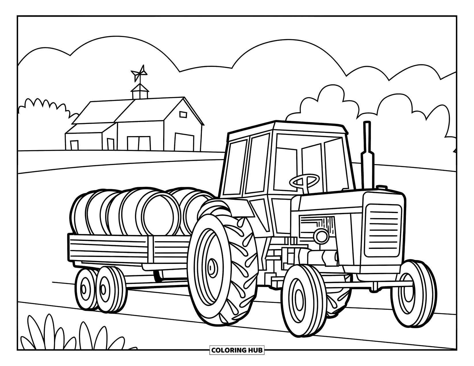 Dibujo de tractor para colorear para niños: Un tractor tira de un vagón de barriles con una granja y una veleta en la distancia