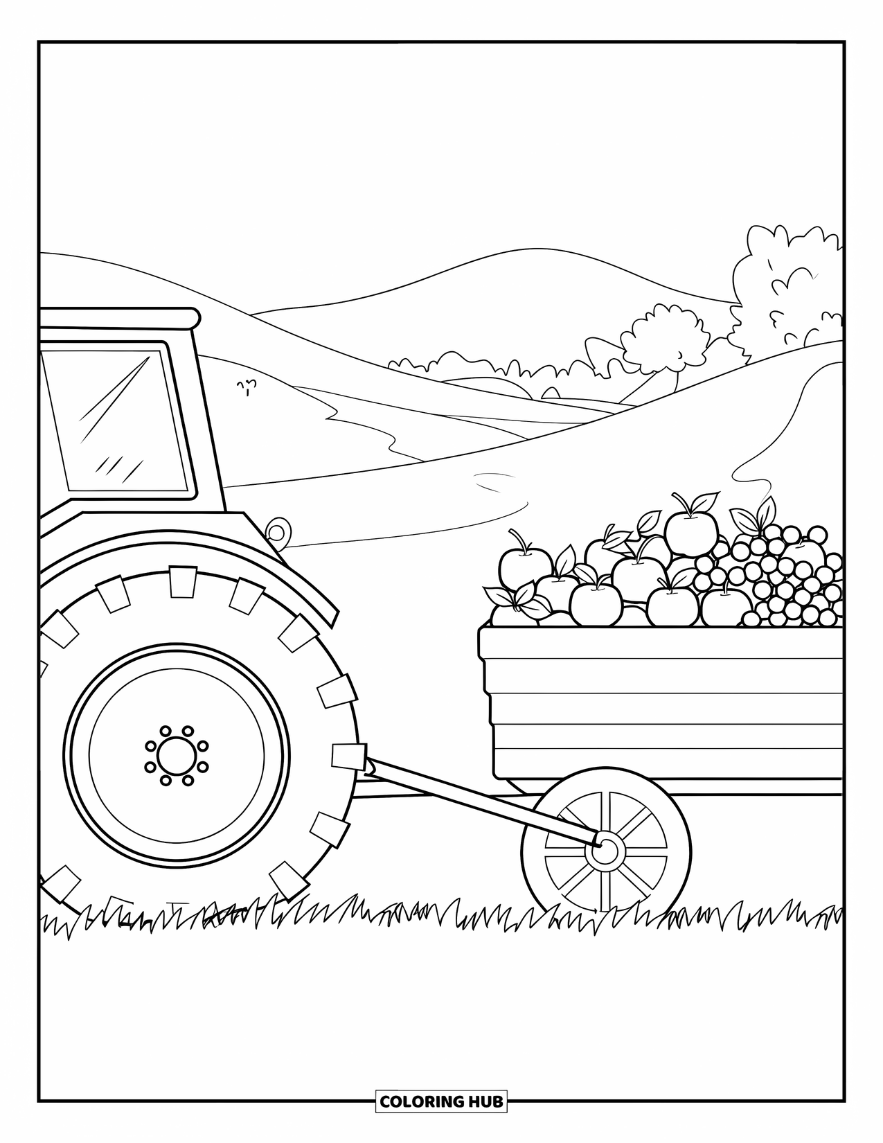Dibujo de tractor para colorear para niños: Un tractor tira de un vagón de frutas de la cosecha a través de un campo cubierto de hierba con árboles