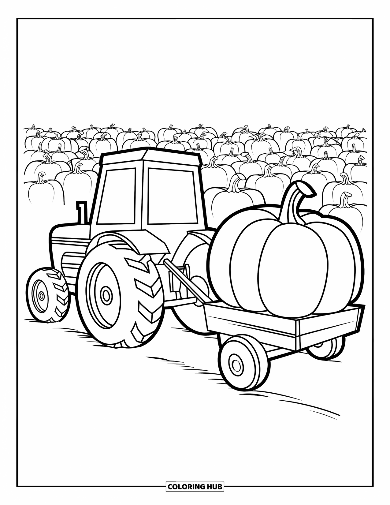 Dibujo de tractor para colorear para niños: Un tractor tira de un vagón con una gran calabaza a través de un campo de calabazas