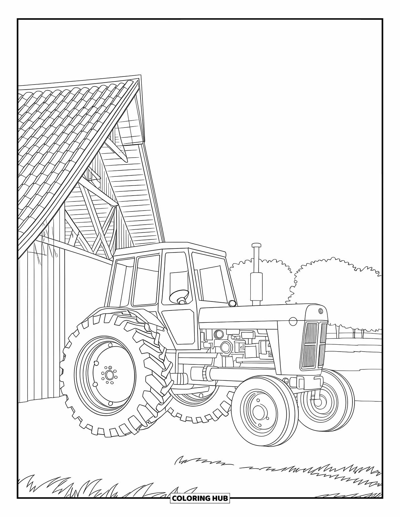 Dibujo de tractor para colorear para niños: Un tractor se sienta junto a un granero con vigas de madera y un amplio campo al fondo