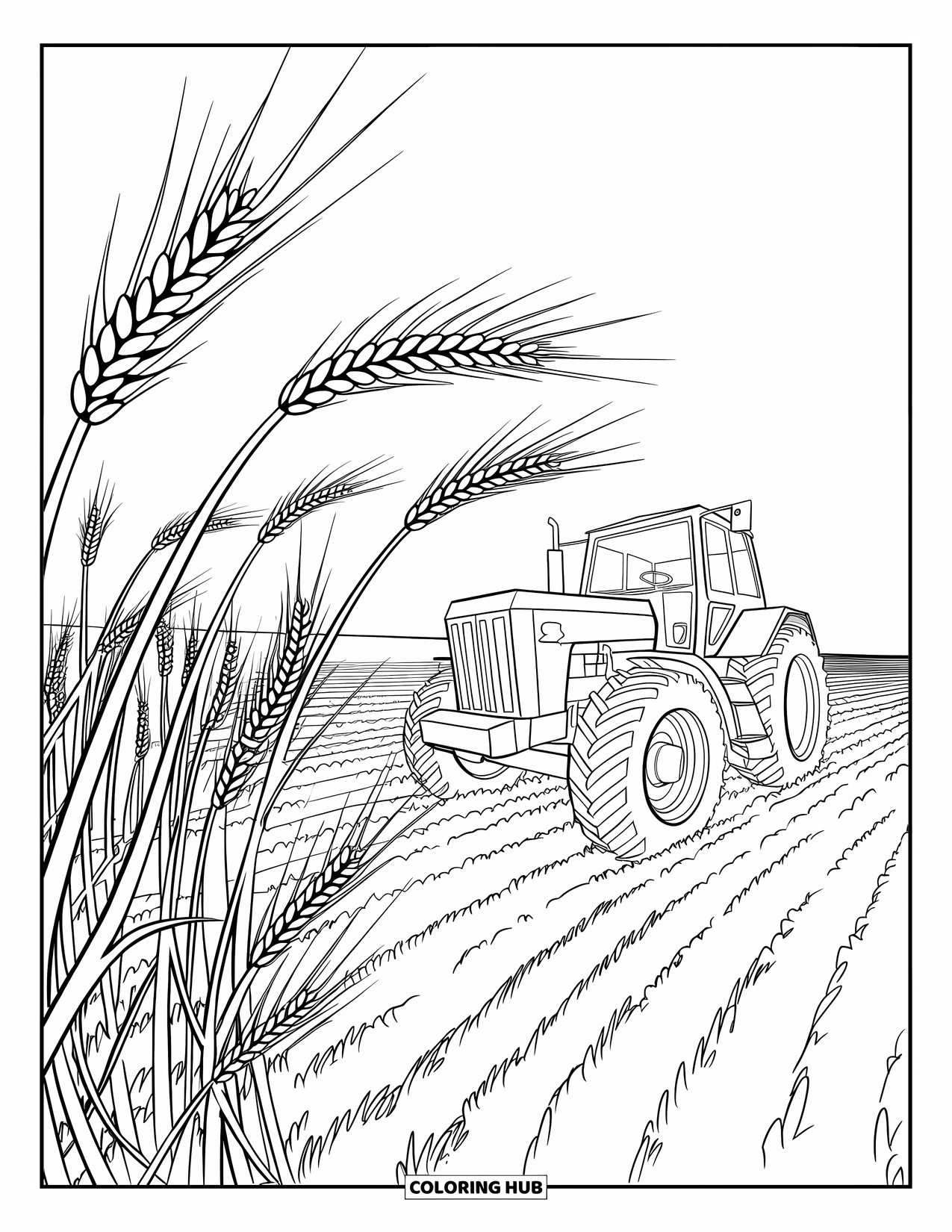 Dibujo de tractor para colorear para niños: Un tractor se encuentra cerca del borde de un campo de trigo con tallos doblados