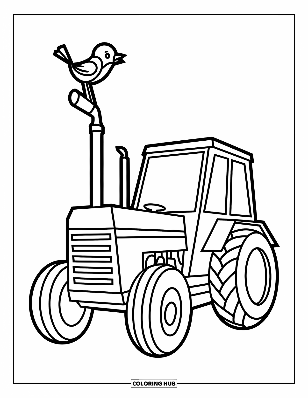 Dibujo de tractor para colorear para niños: Un tractor con un pájaro en su tubo de escape se encuentra en un camino de tierra