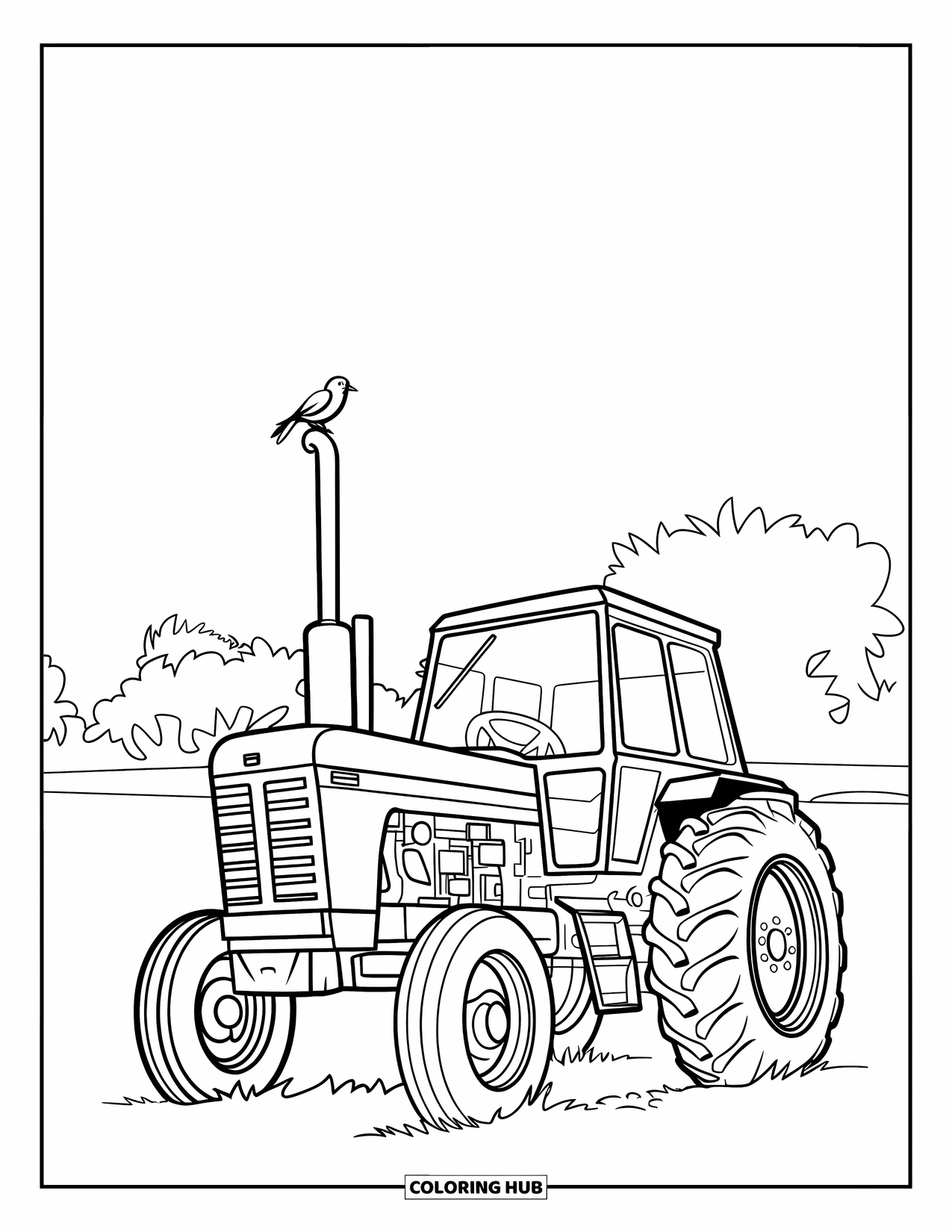 Dibujo de tractor para colorear para niños: Un tractor con un pájaro en el tubo se encuentra cerca de árboles y una línea del horizonte