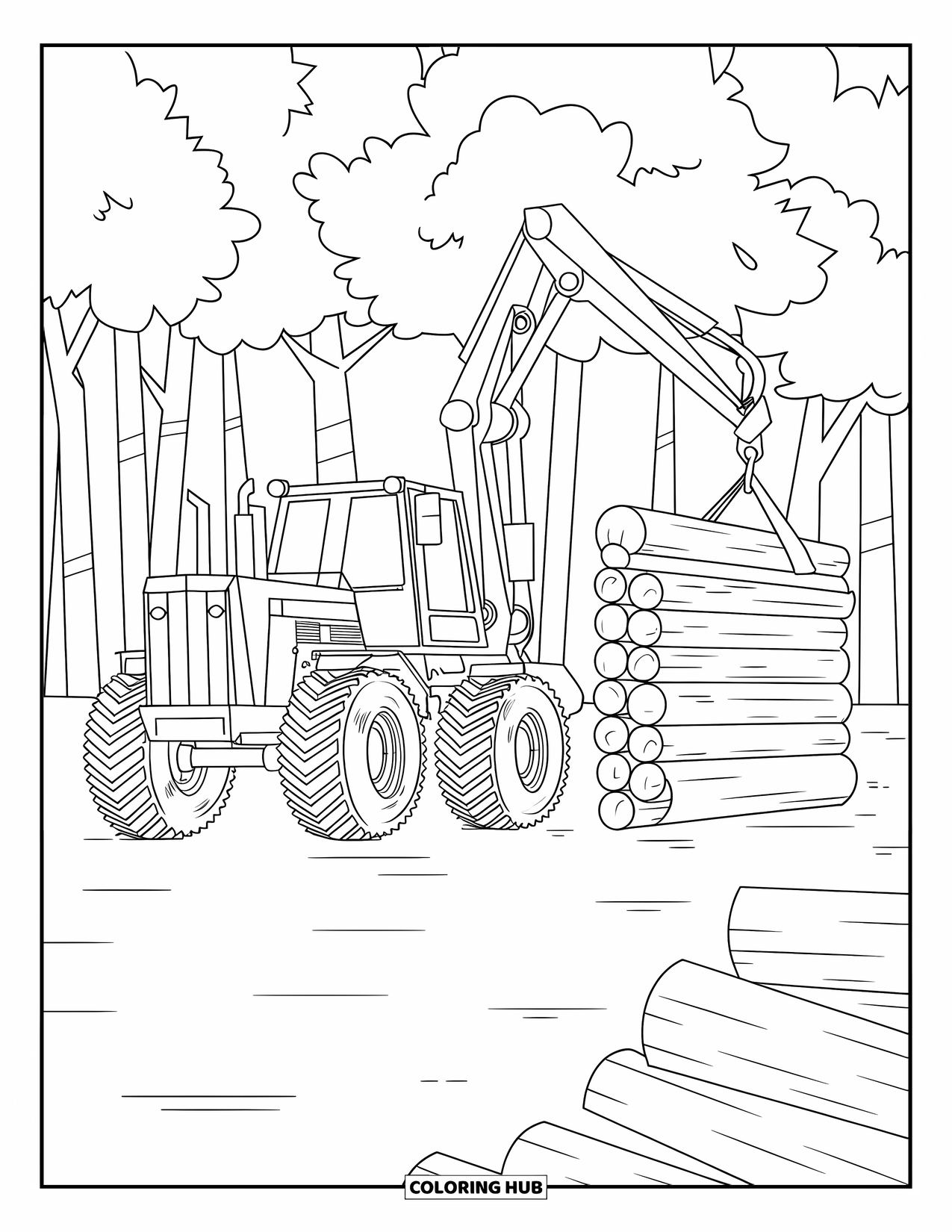 Dibujo de tractor para colorear para niños: Un tractor con una grúa sostiene un tronco mientras está rodeado de pilas ordenadas y árboles forestales