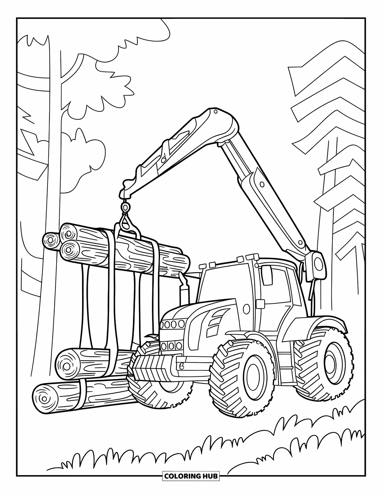 Dibujo de tractor para colorear para niños: Un tractor con una grúa levanta troncos entre árboles con contornos dinámicos y audaces