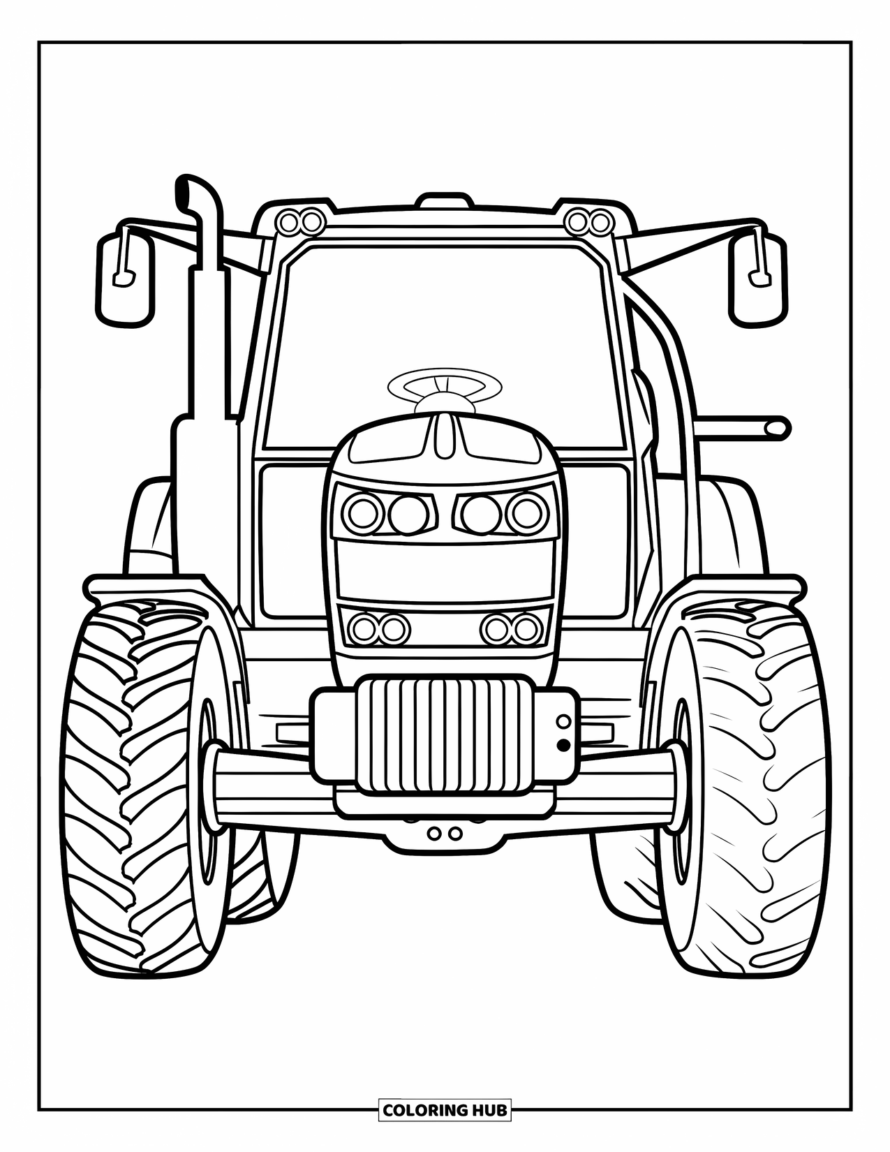 Dibujo de tractor para colorear para niños: Un tractor con un cargador frontal y grandes faros se muestra desde el frente