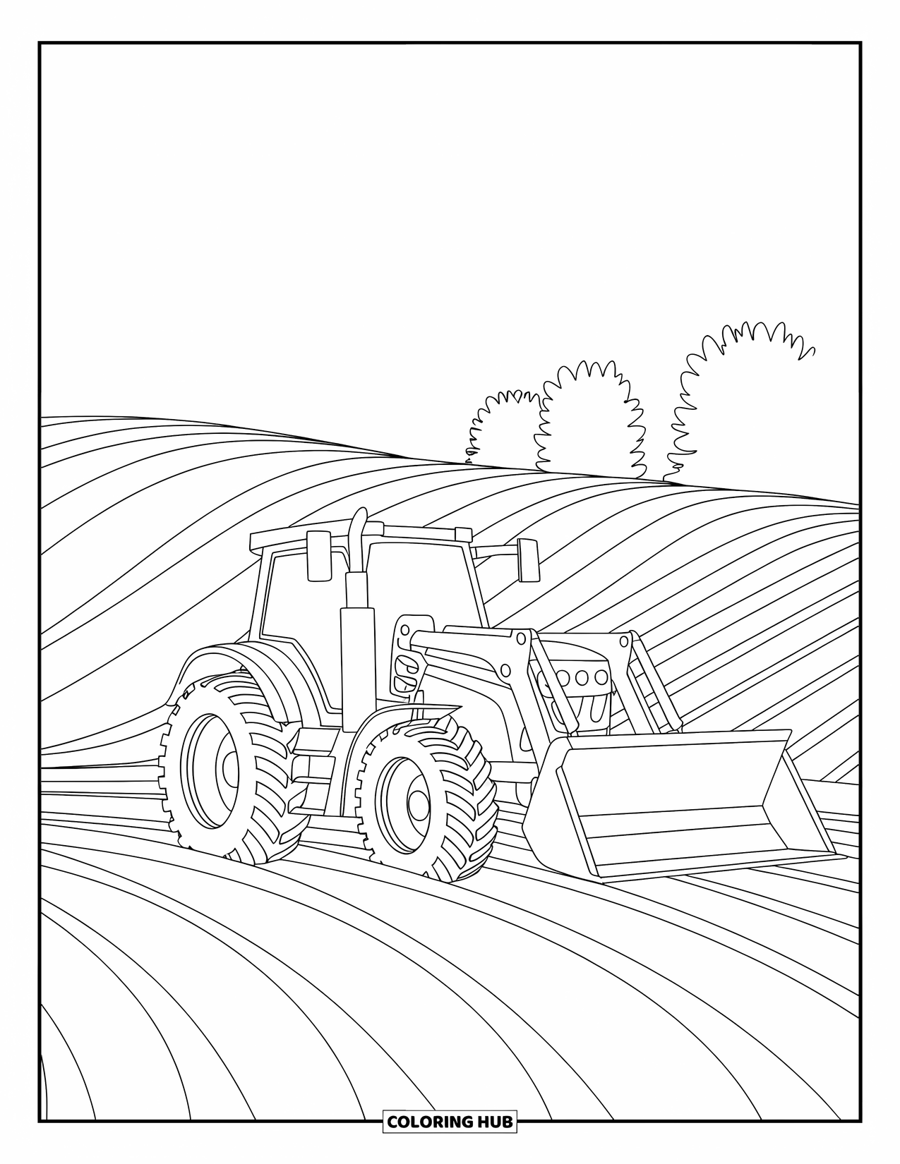 Dibujo de tractor para colorear para niños: Un tractor con un cargador frontal se encuentra en un campo con colinas y árboles distantes