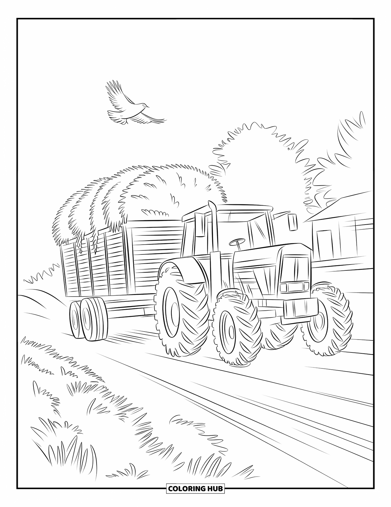 Dibujo de tractor para colorear para niños: Un tractor con un remolque de heno se mueve a lo largo de un camino de tierra cerca de árboles y un edificio