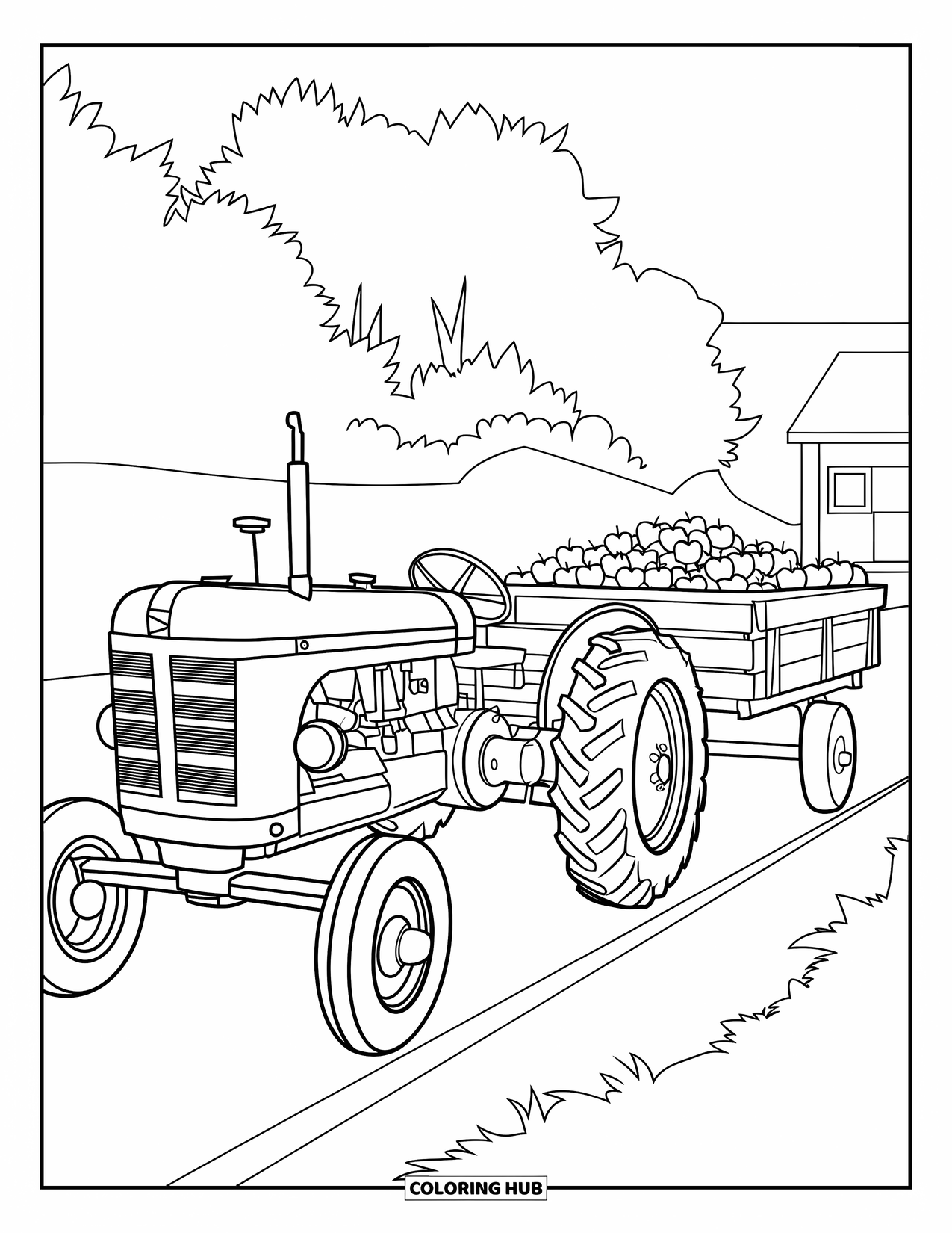 Dibujo de tractor para colorear para niños: Un tractor con una rueda grande remolca un vagón lleno de manzanas en un camino cerca de edificios