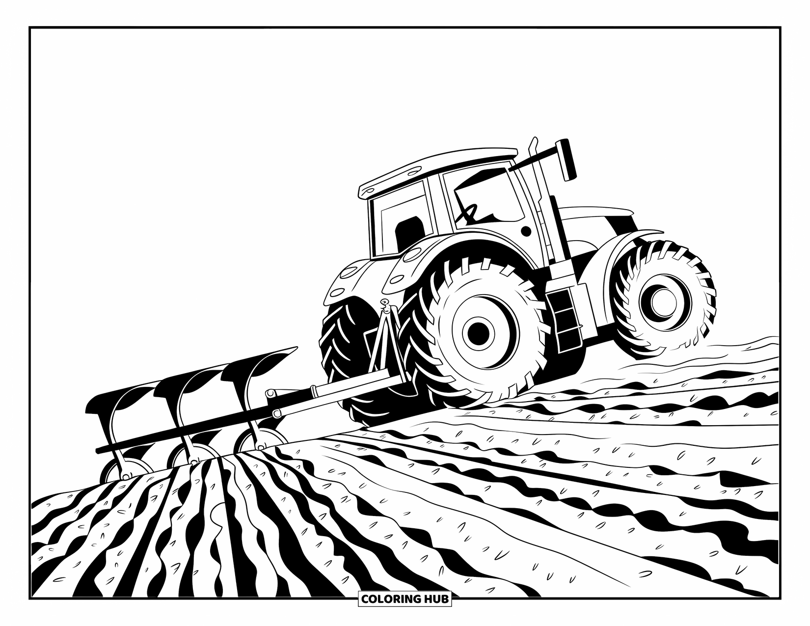 Dibujo de tractor para colorear para niños: Un tractor con un arado se mueve a través de suelo áspero con líneas dinámicas llamativas