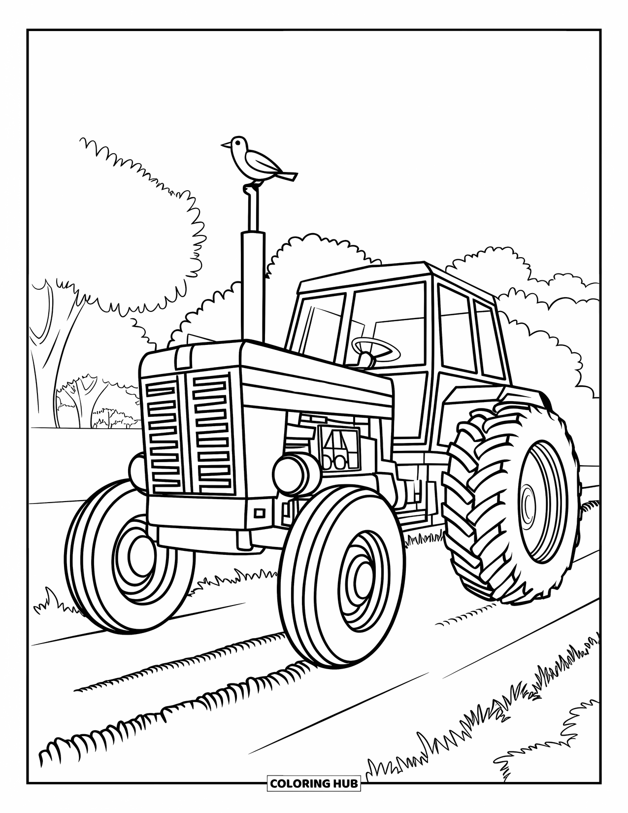 Dibujo de tractor para colorear para niños: Un tractor con un tubo de escape alto tiene un pequeño pájaro posado en la parte superior