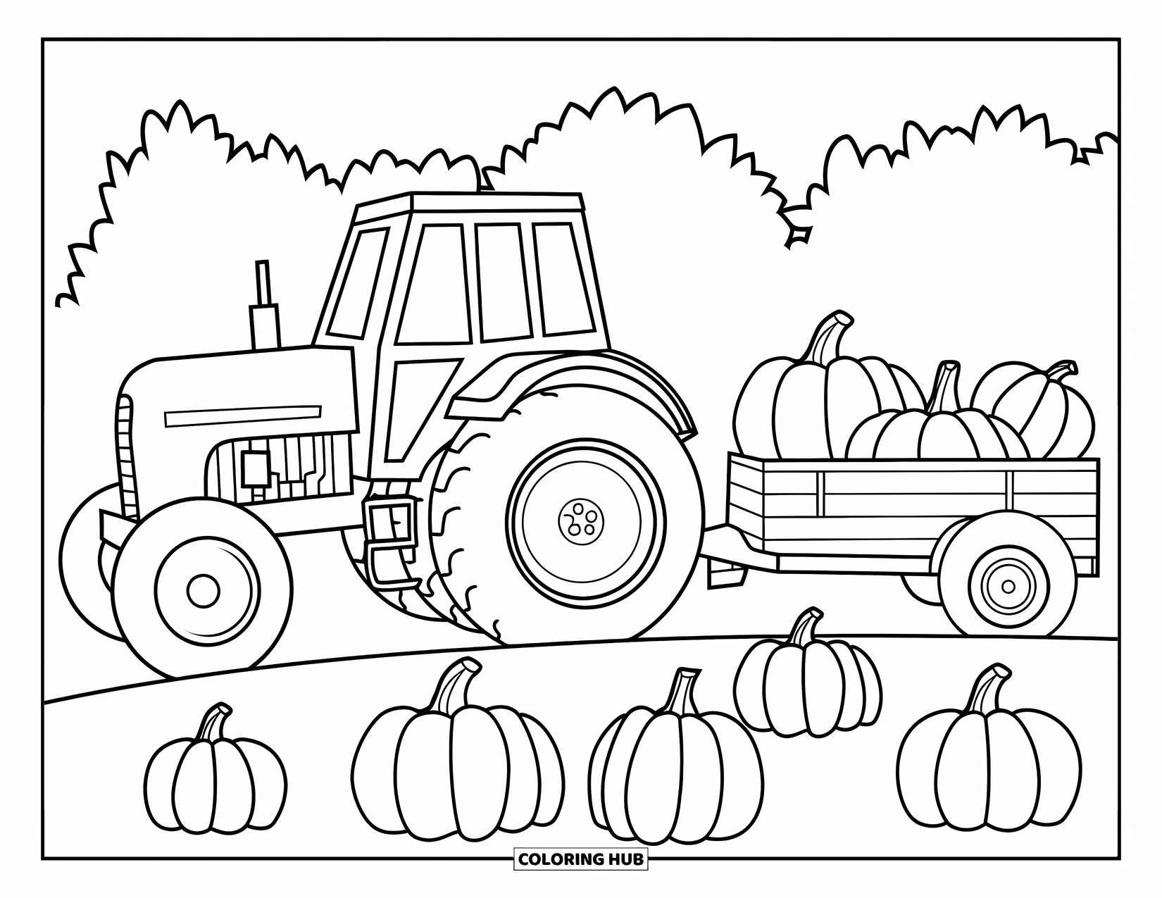 Dibujo de tractor para colorear para niños: Un tractor con un remolque conduce a través de un campo de calabazas rodeado de árboles