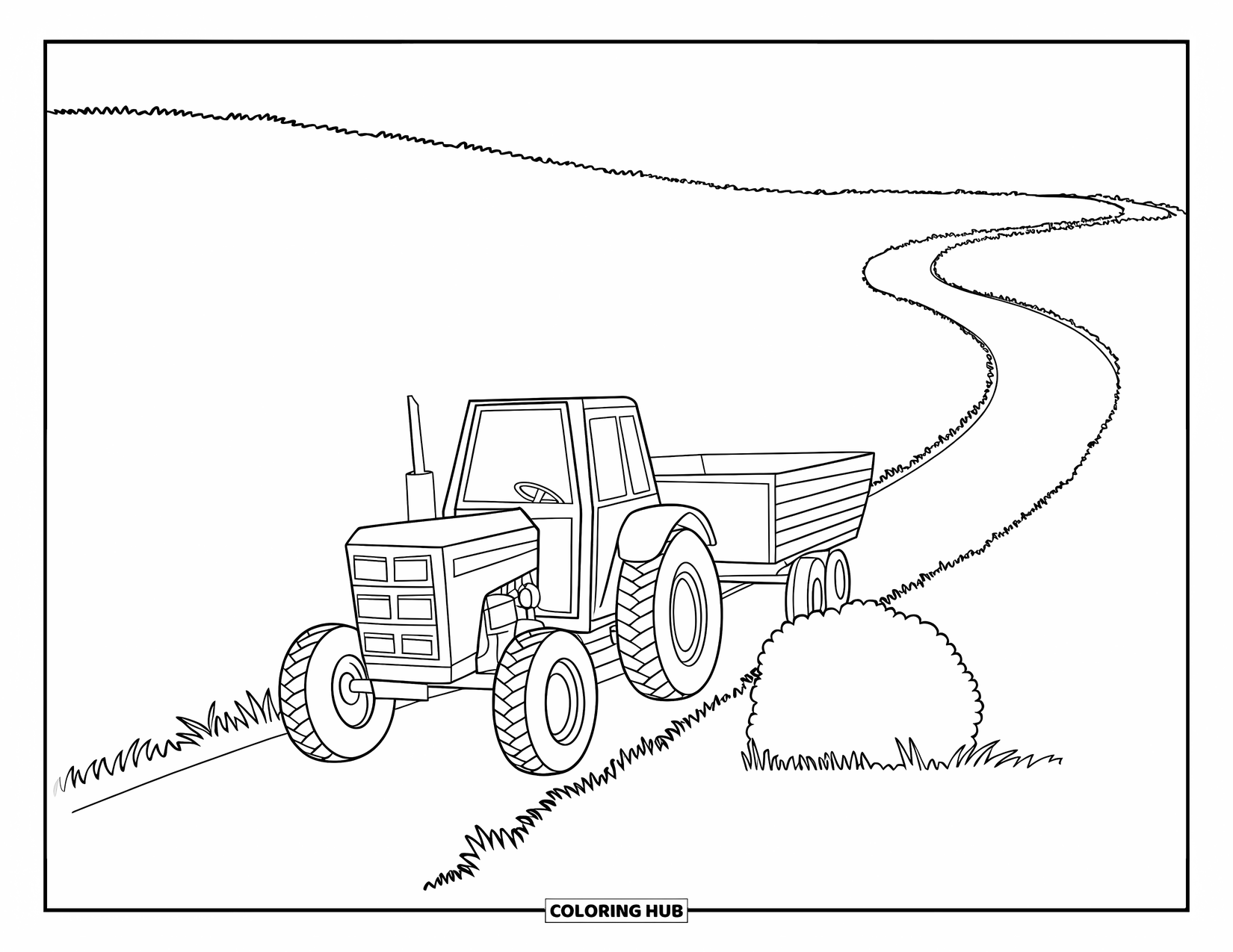 Dibujo de tractor para colorear para niños: Un tractor con un remolque se mueve a lo largo de un camino sinuoso a través de campos abiertos