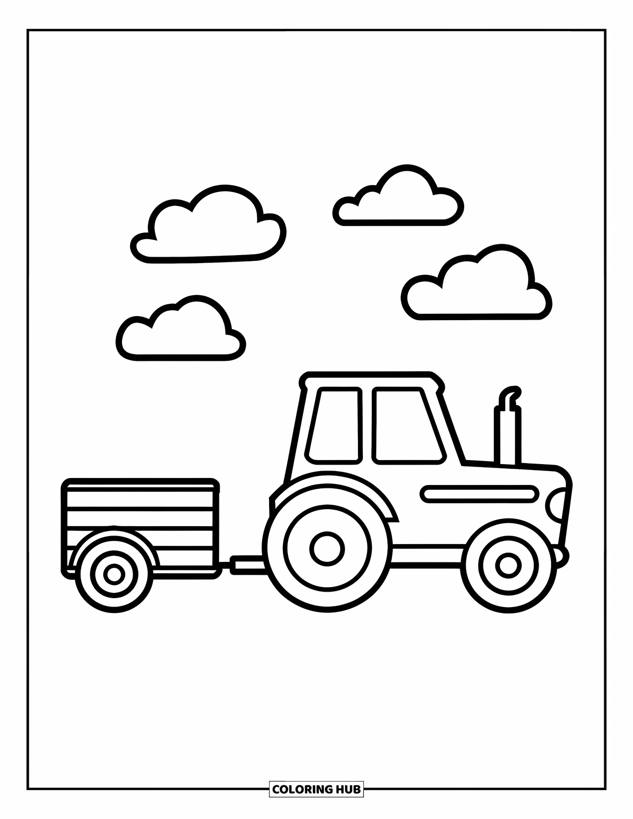 Dibujo de tractor para colorear para niños: Un tractor con un remolque vacío conduce bajo tres pequeñas nubes